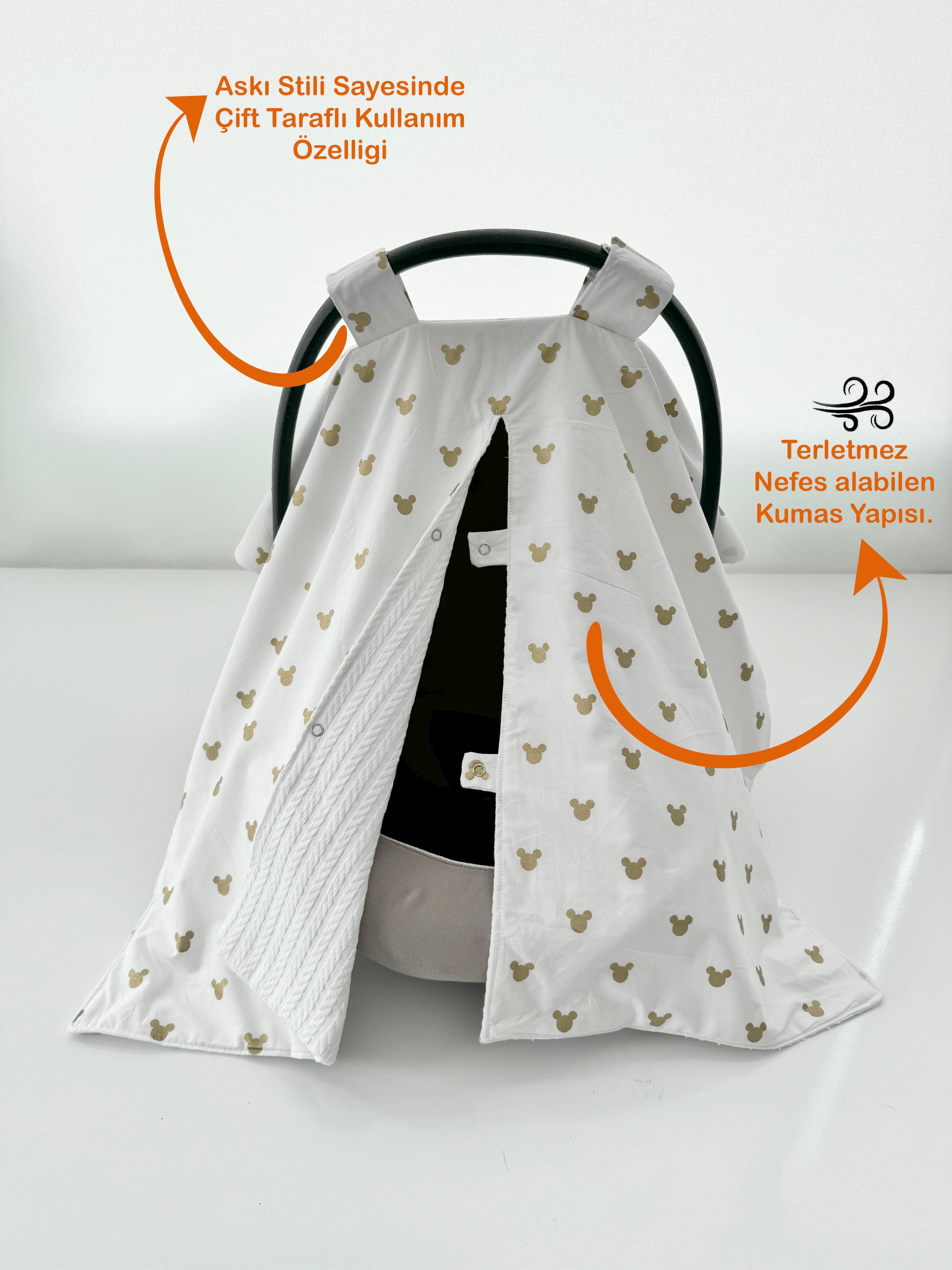 Jaju Baby Çift Taraflı Puset Örtüsü Örgü ve Gold Micky Kumaş