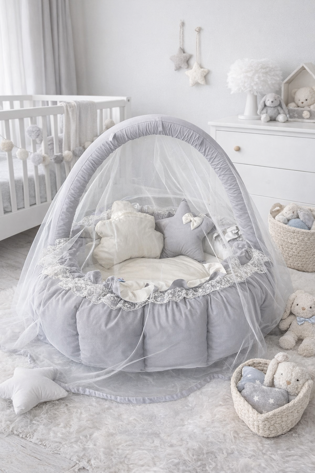 Jaju Baby Düz Gri Tasarım Lüx Oyun Minderi Babynest Cibinlik Tül Oyuncak Aparat Set
