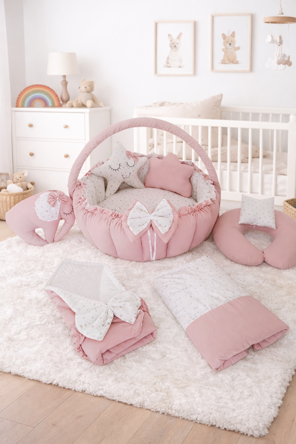 Jaju Baby Düz Pudra Tasarım Lüx Oyun Minderi Babynest 8 Parça Set