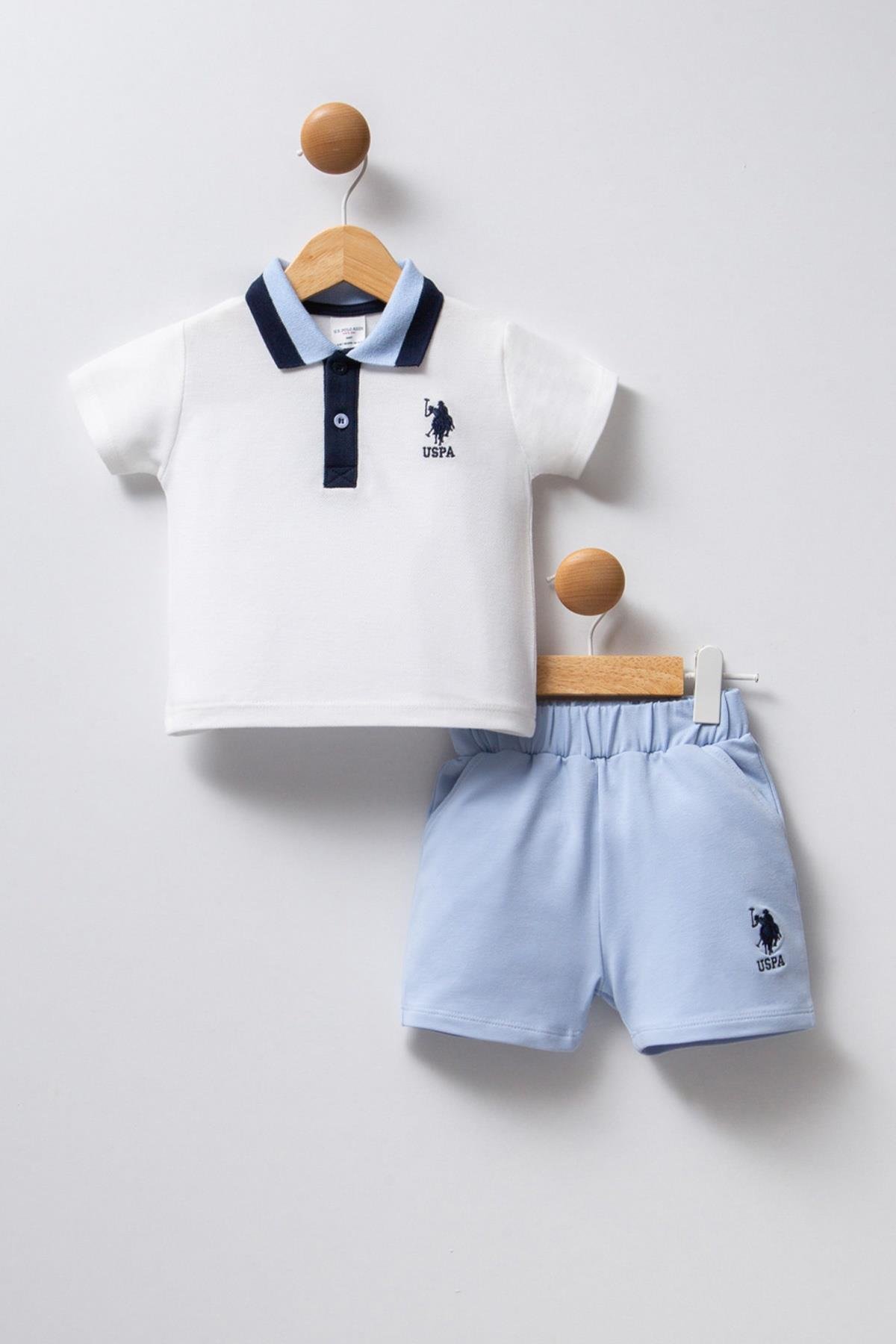 Jaju Baby Erkek Bebek BEYAZ-MAVİ Şort&T-shirt Pike - 2 li Takım