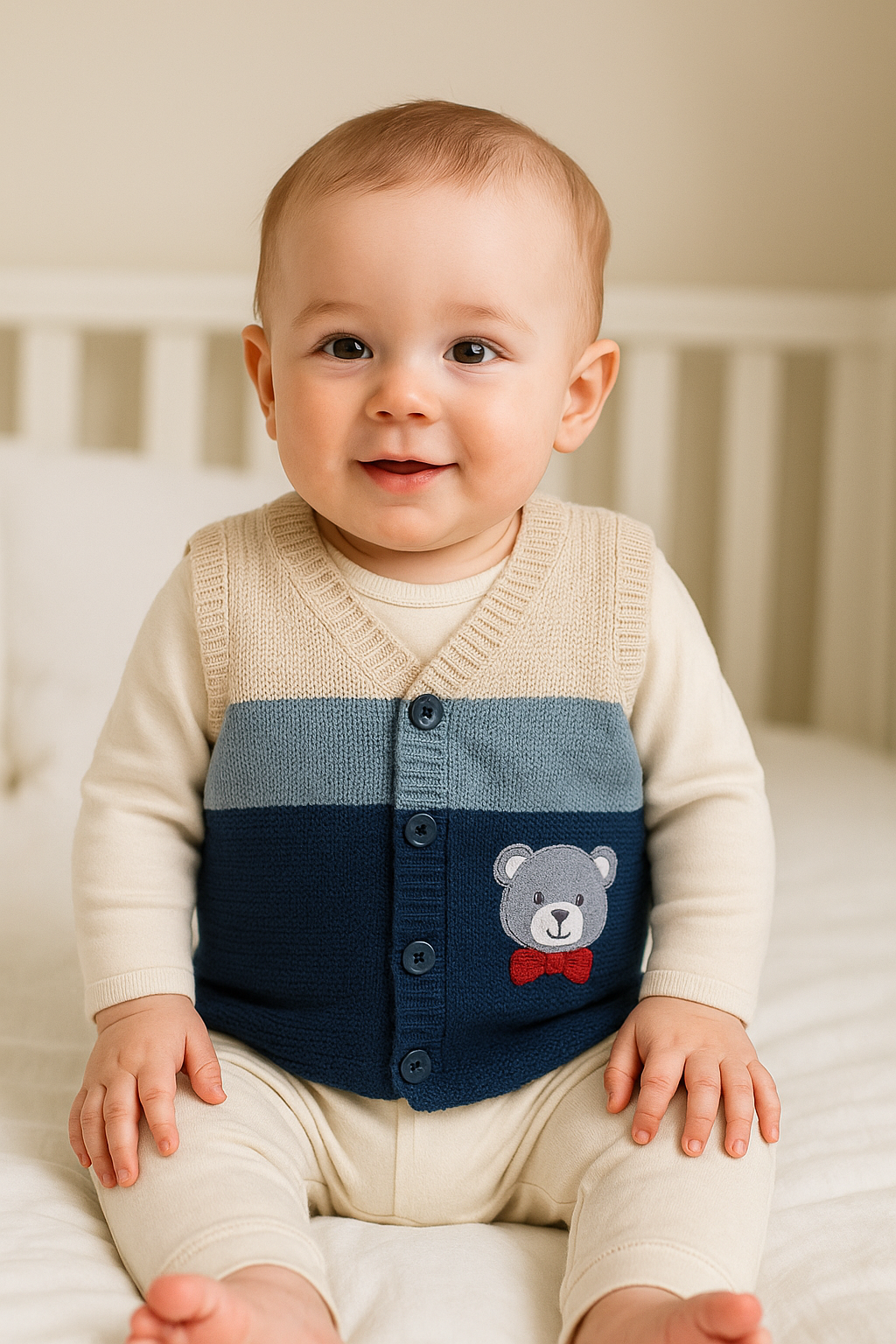 Jaju Baby Erkek Bebek Blok Renkli Düğmeli Triko Örgü Yelek