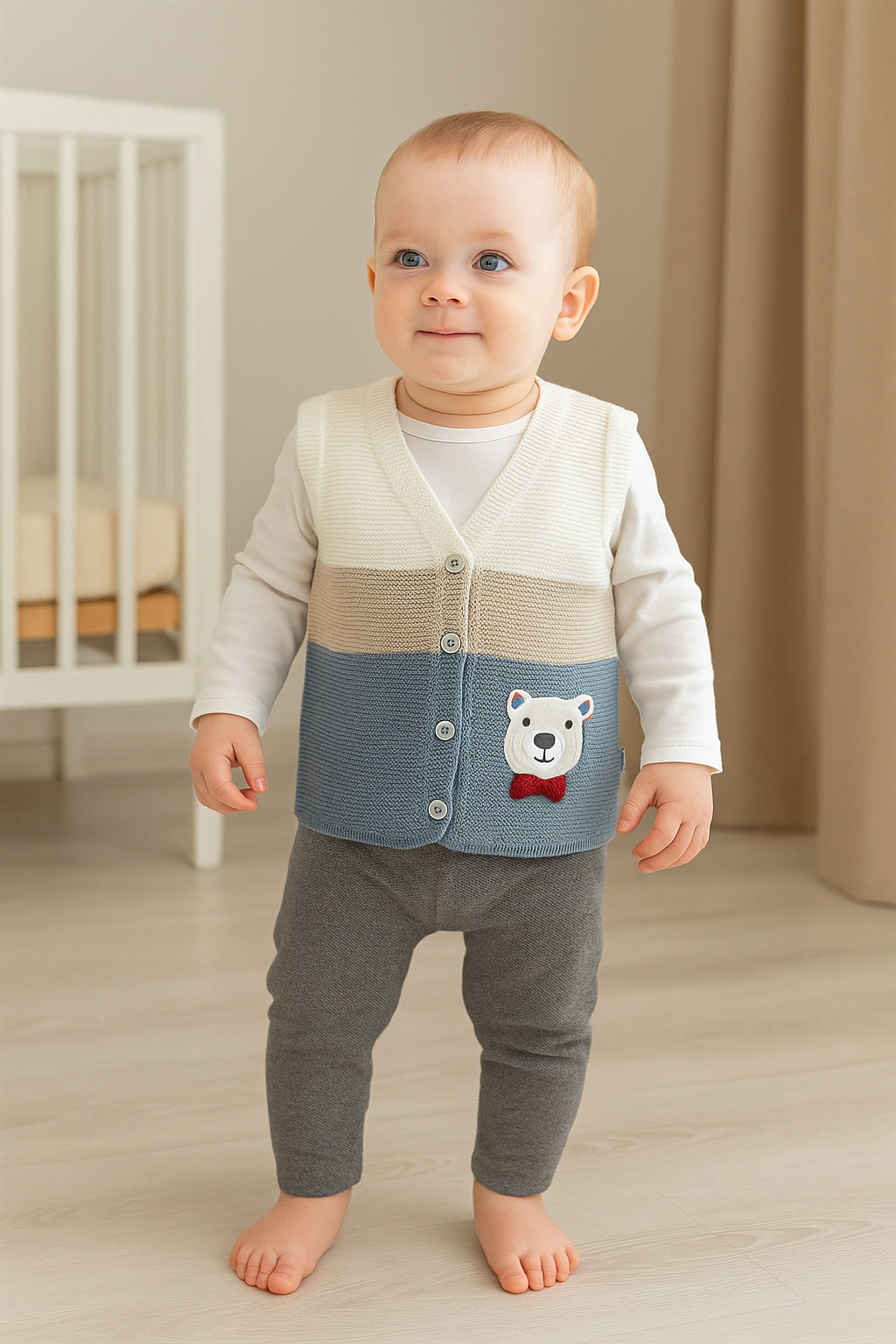 Jaju Baby Erkek Bebek Blok Renkli Kedi Figürlü Düğmeli Triko Örgü Yelek