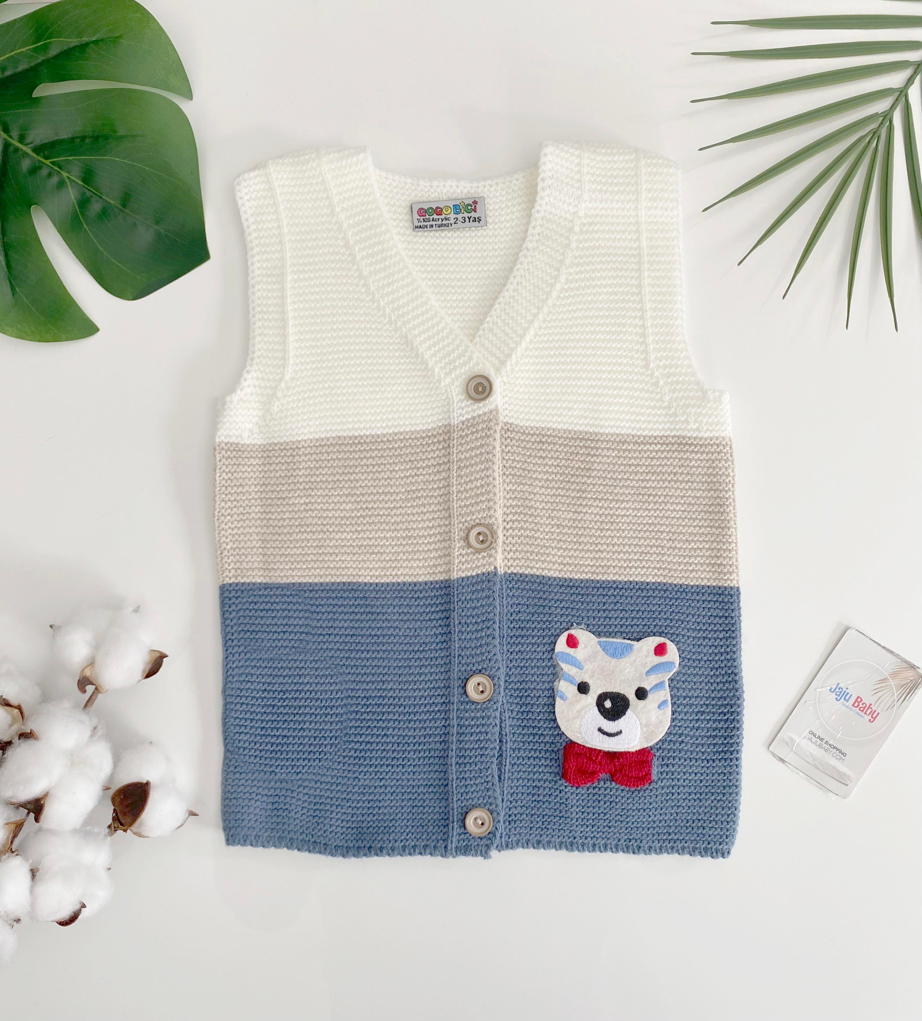 Jaju Baby Erkek Bebek Blok Renkli Kedi Figürlü Düğmeli Triko Örgü Yelek