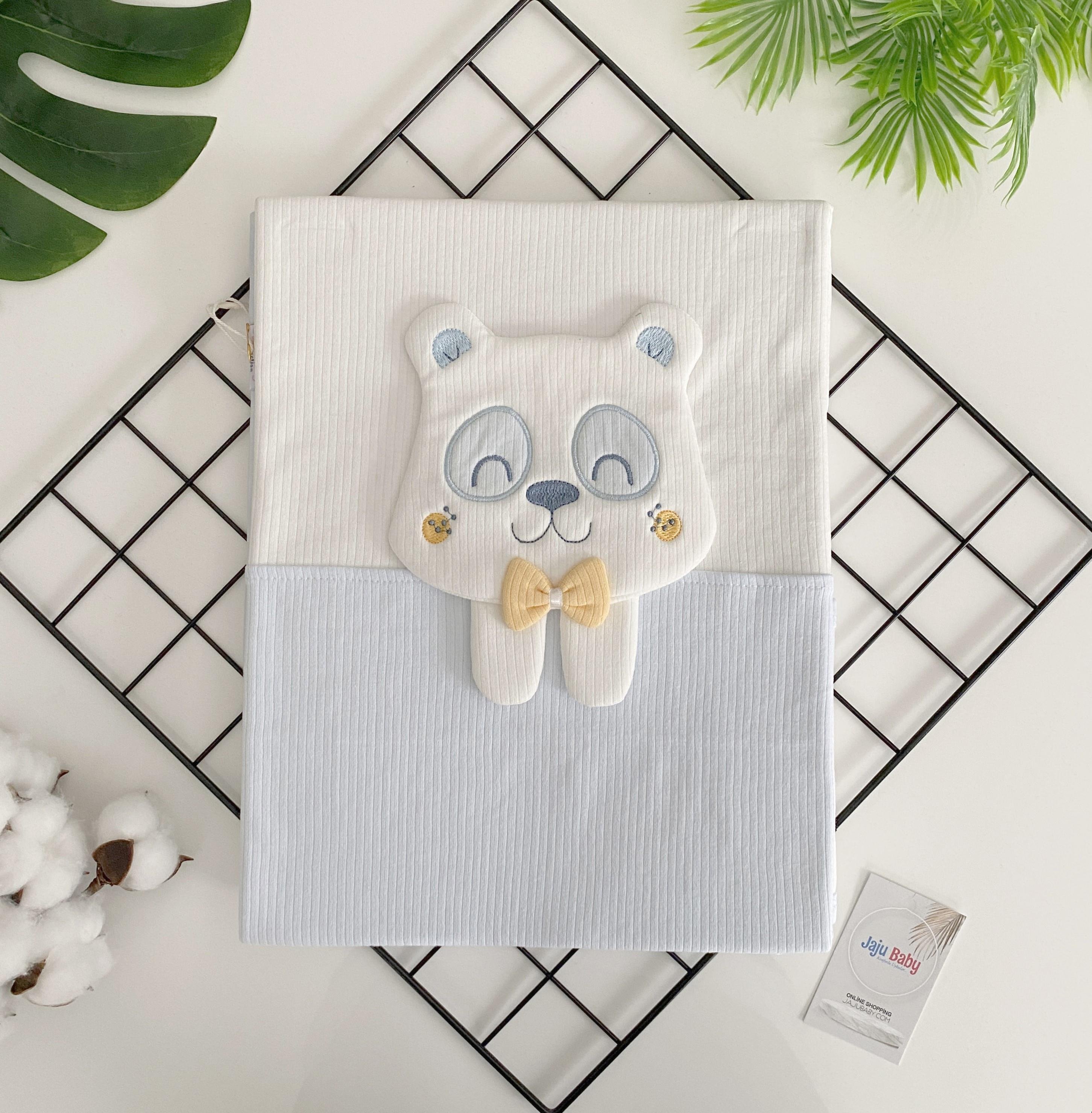 Jaju Baby Erkek Bebek Papyonlu Panda 85x90 Mavi-Beyaz Bebek Penye Battaniye 