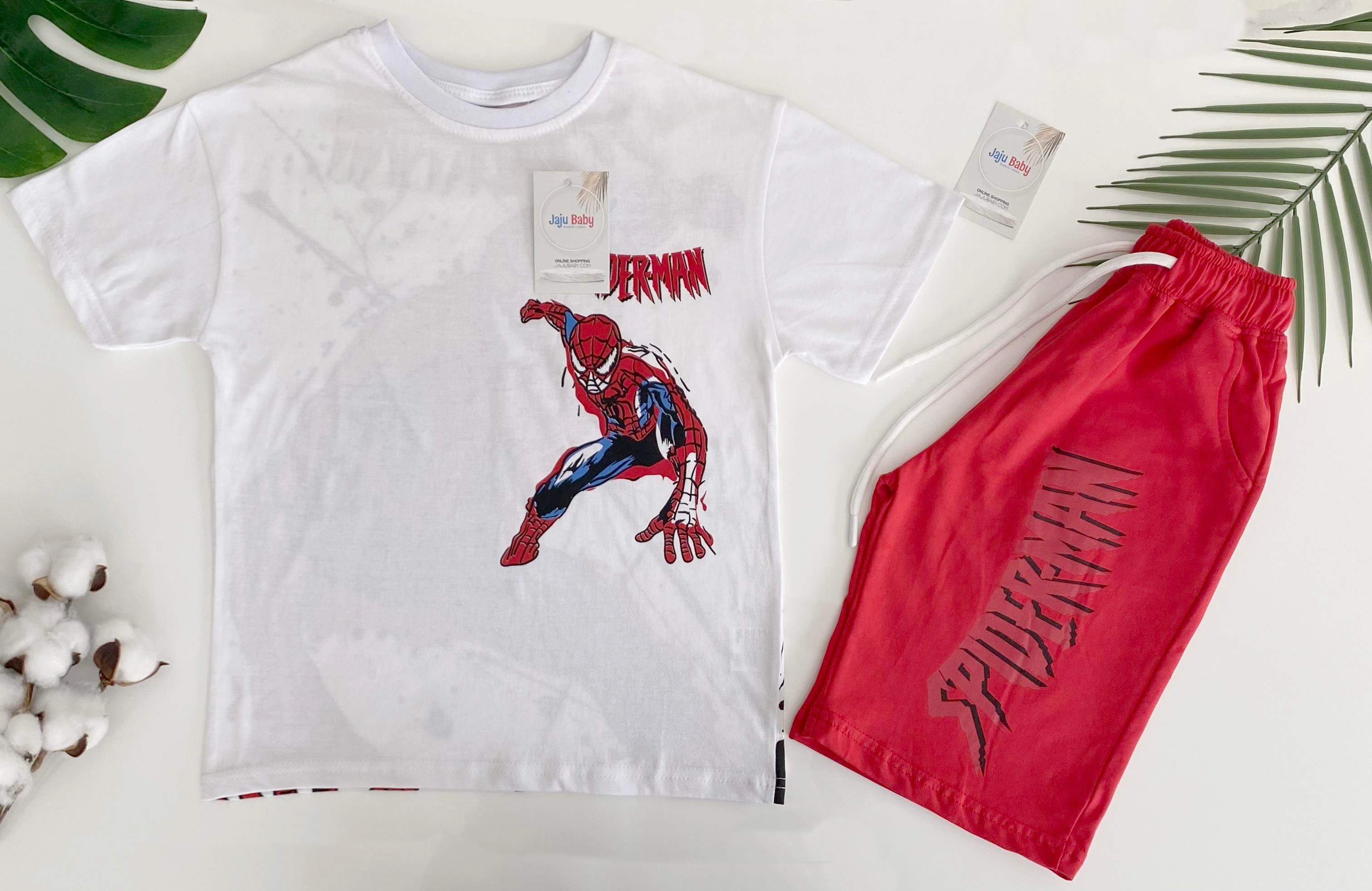Jaju Baby Erkek Çocuk Arkası Spiderman Baskılı T-shirt Ve Kırmızı Şort Takım
