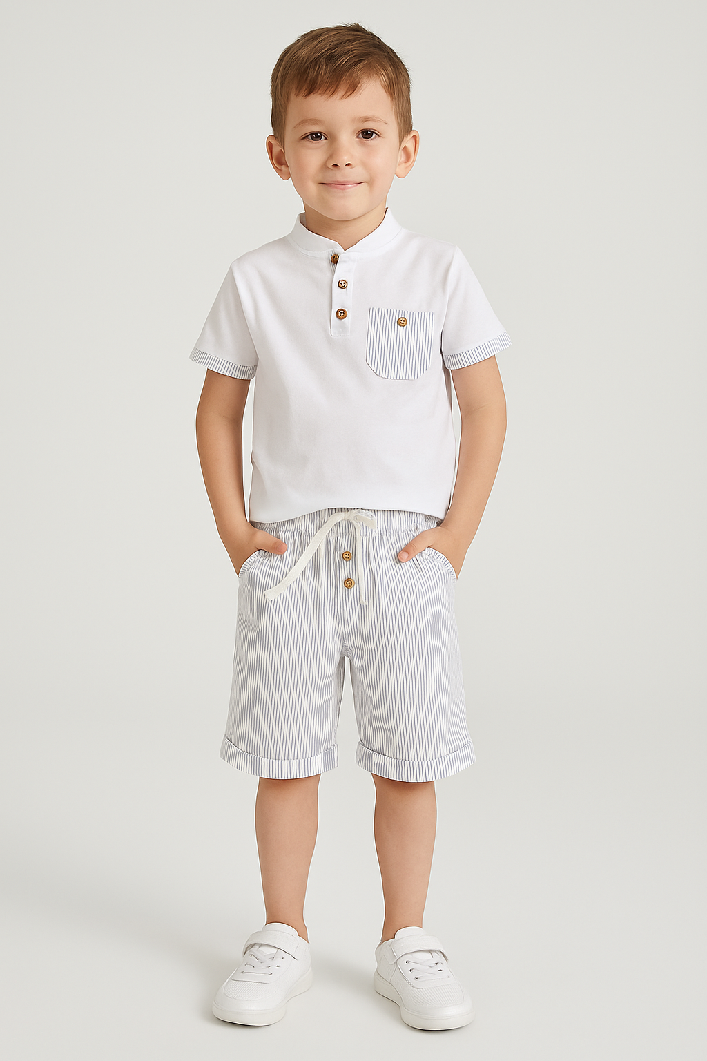 Jaju Baby Erkek  Çocuk Beyaz Mavi Çizgili Şort T-shirt Takım