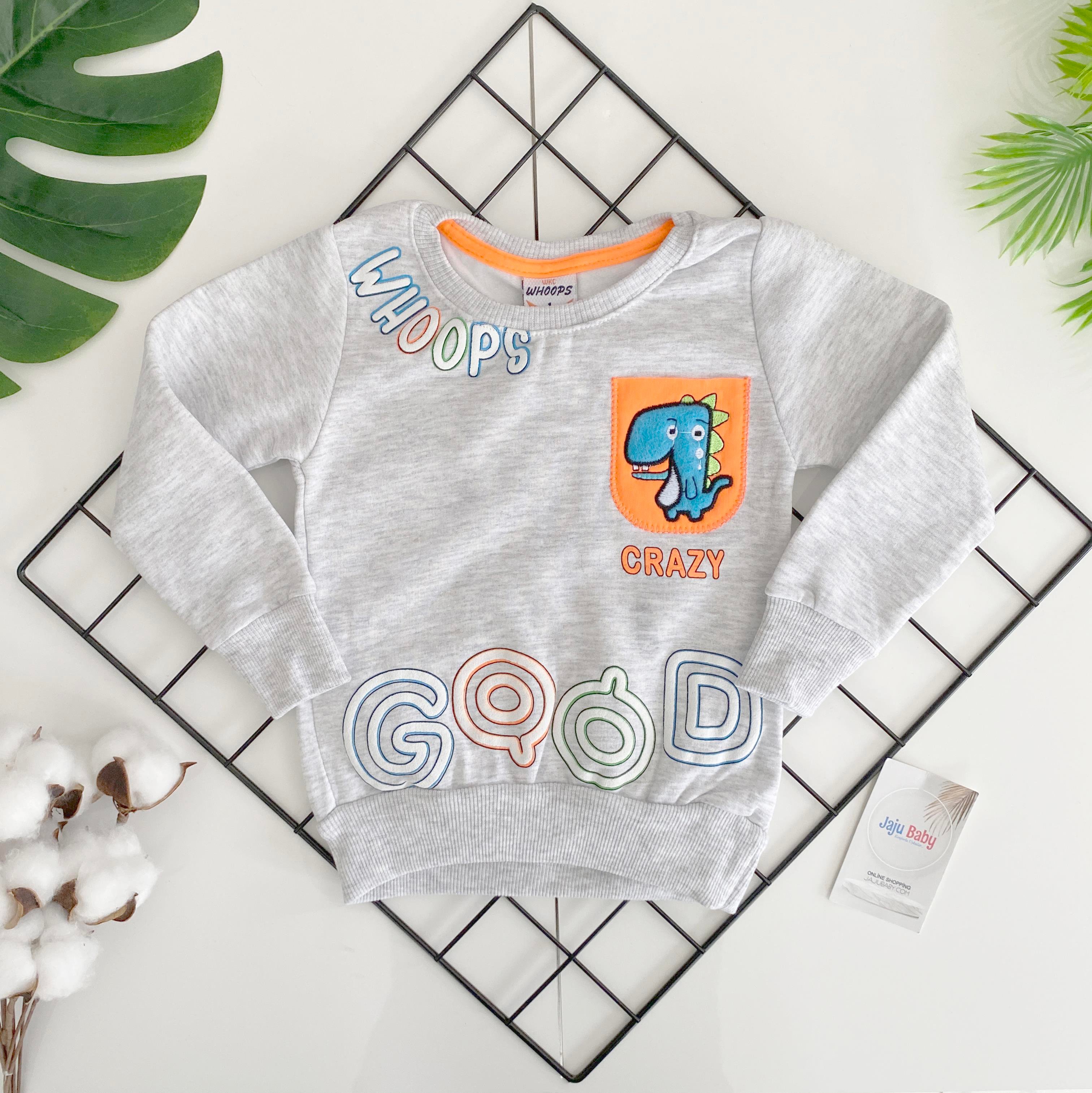 Jaju Baby Erkek Çocuk Gri Renk Dinazor Nakışlı Bisiklet Yaka Sweatshirt