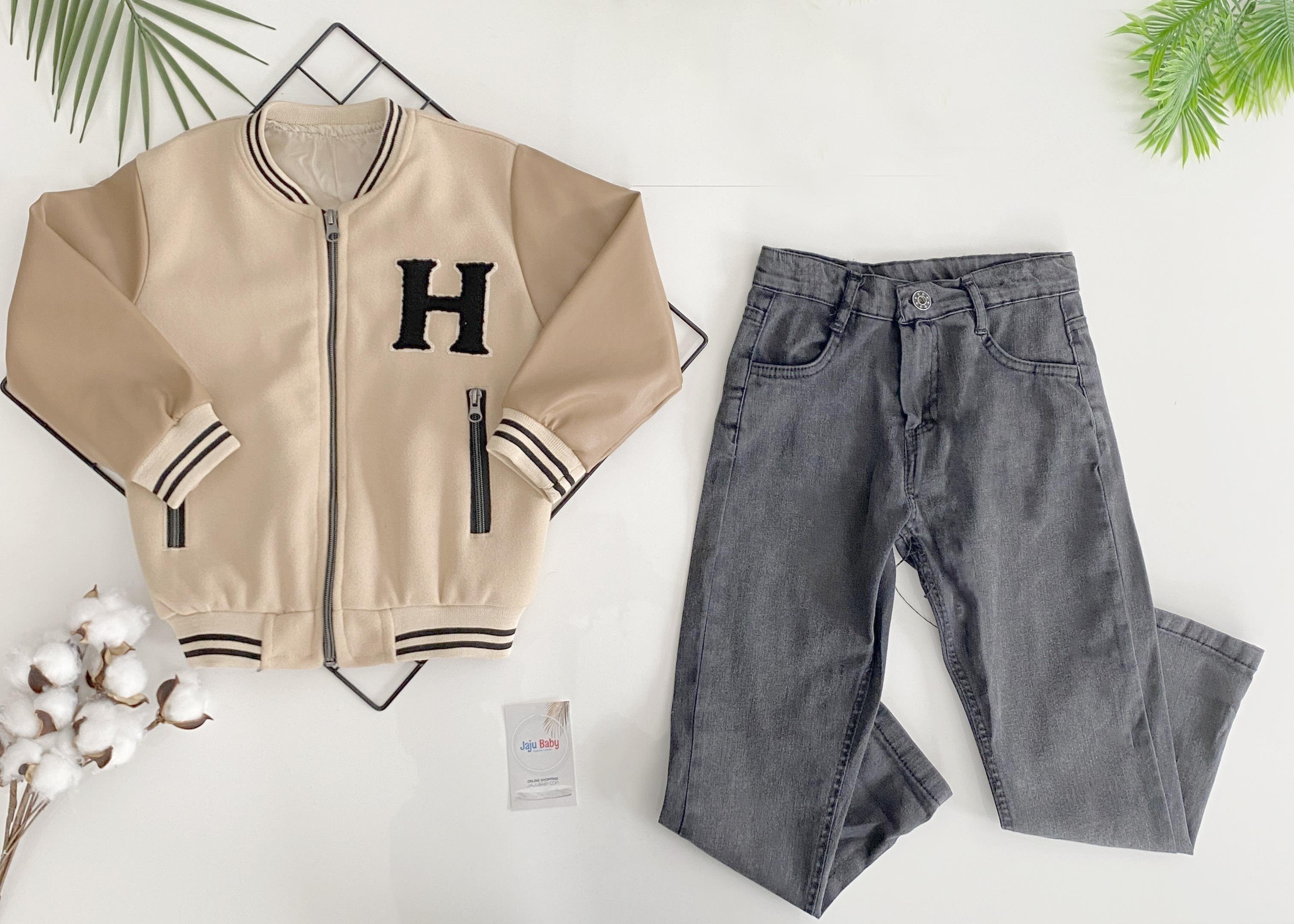 Jaju Baby Erkek Çocuk Kahverengi Kolları Deri Ceket & Kot Pantolon 3'lü Takım