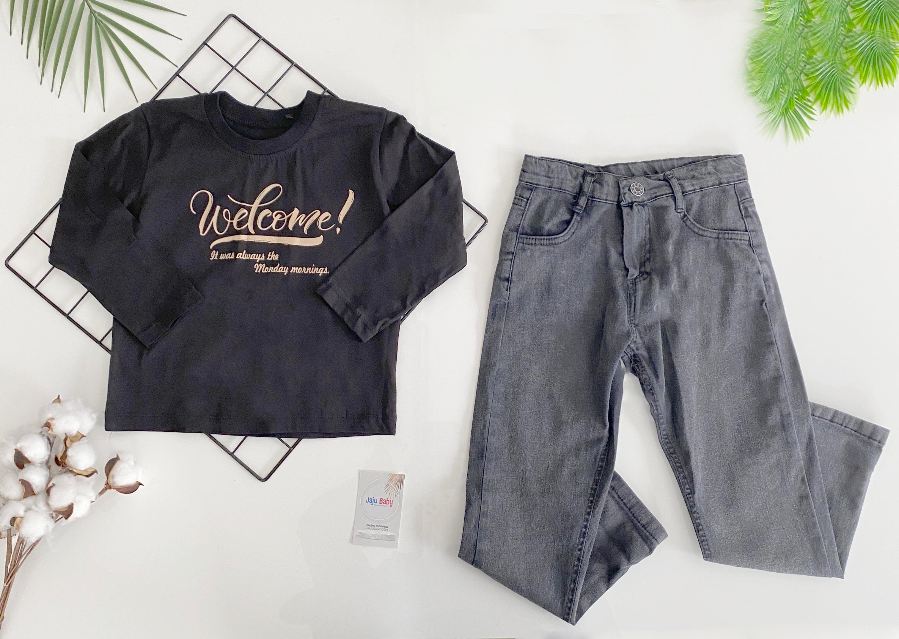 Jaju Baby Erkek Çocuk Kahverengi Kolları Deri Ceket & Kot Pantolon 3'lü Takım