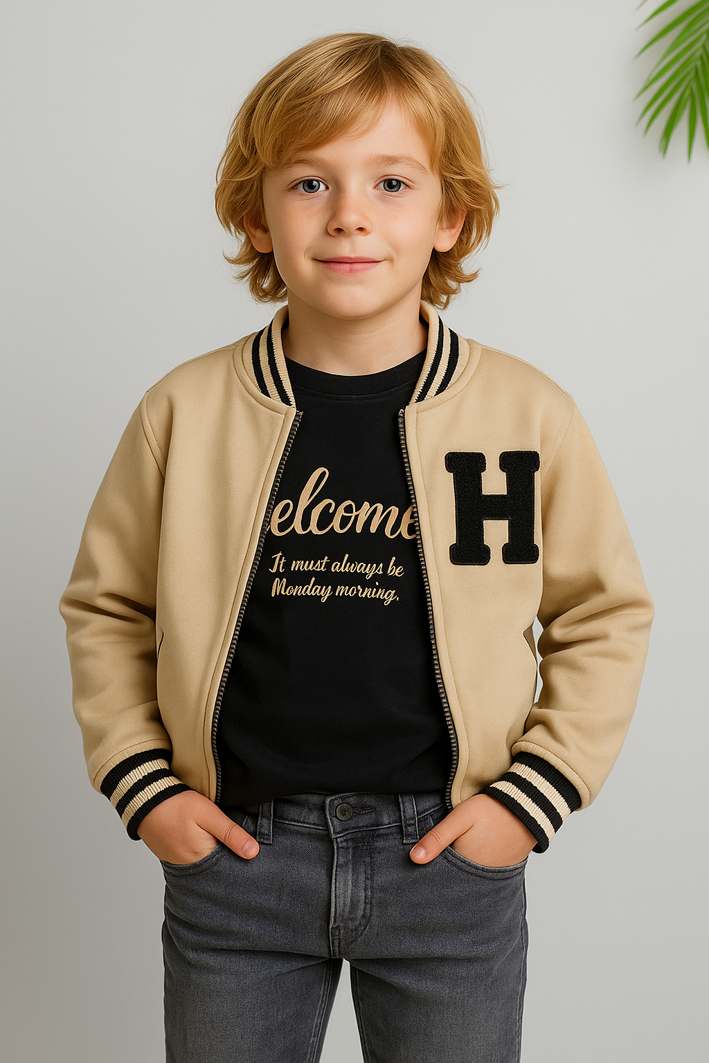 Jaju Baby Erkek Çocuk Kahverengi Kolları Deri Kolej Ceket & Kot Pantolon 3'lü Takım