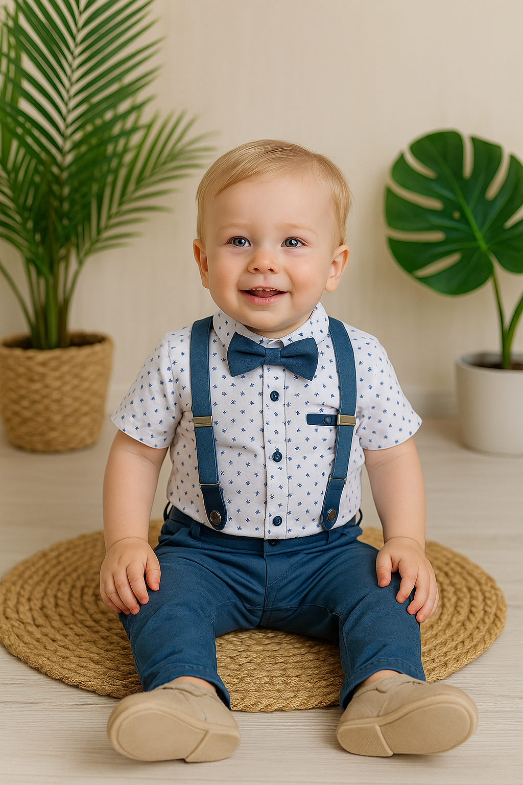 Jaju Baby Erkek Çocuk Kısa Kol Papyonlu Askılı Desenli Gömlek Ve Kapri Takım