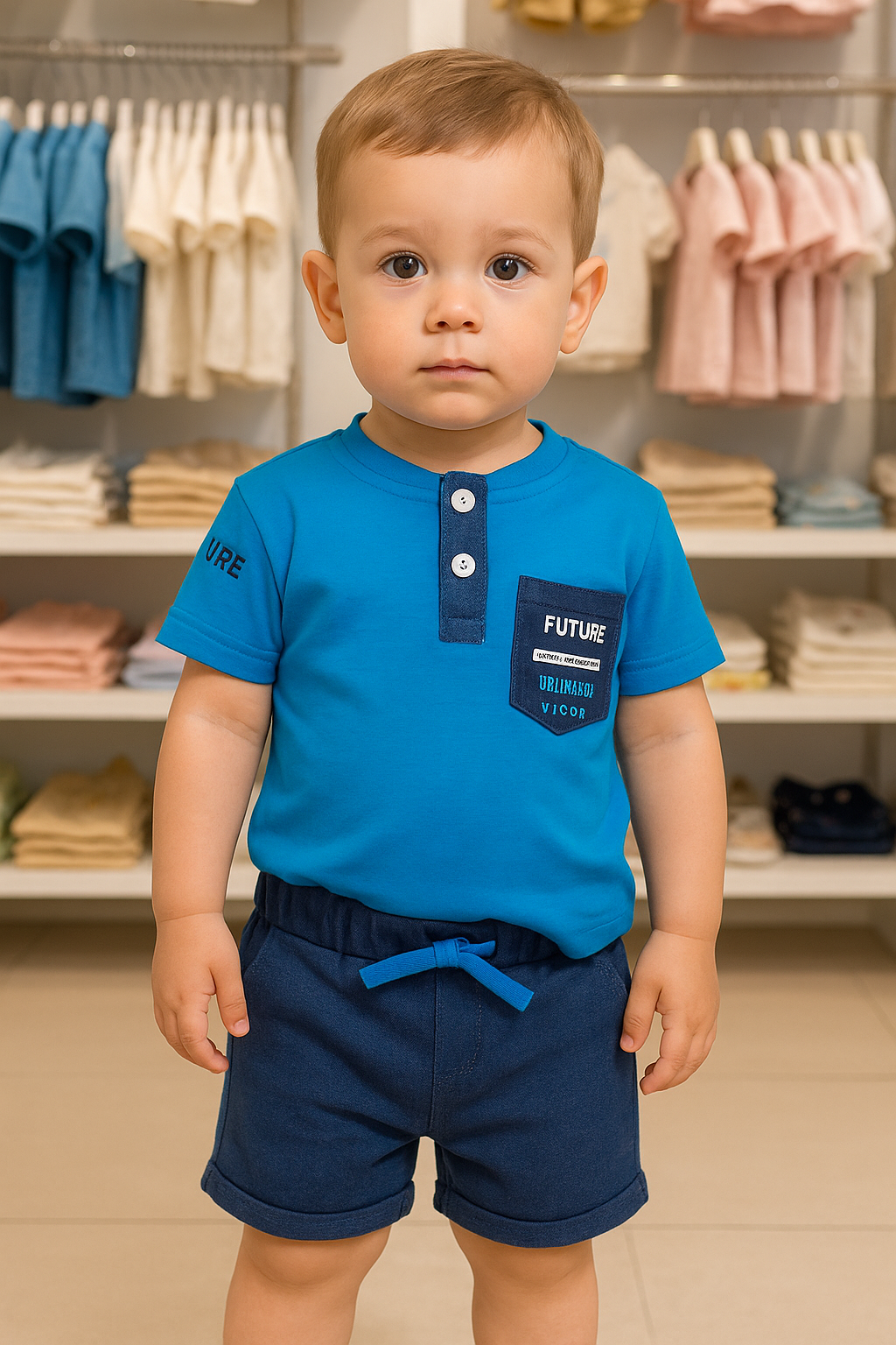 Jaju Baby Erkek Çocuk Mavi Renk Önü Cepli T-shirt Ve Şort Takım