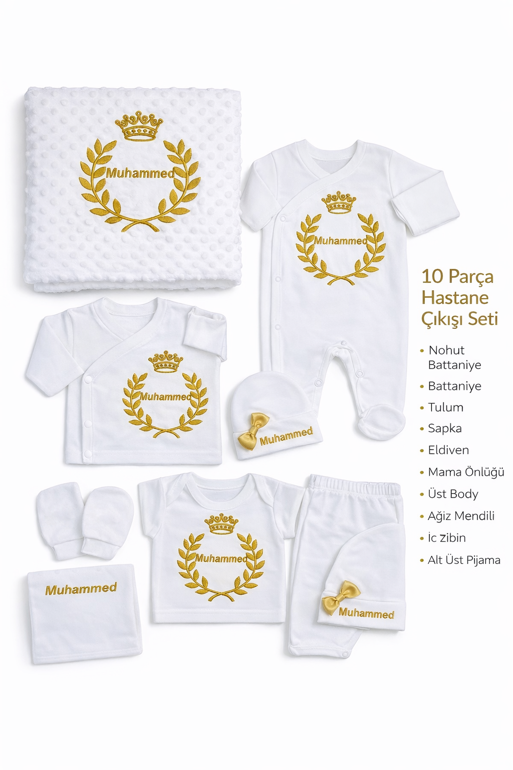 Jaju Baby Gold Taç Nakışlı ve Özel İsim İşlemeli Yenidoğan Bebek Hastane Çıkış Set