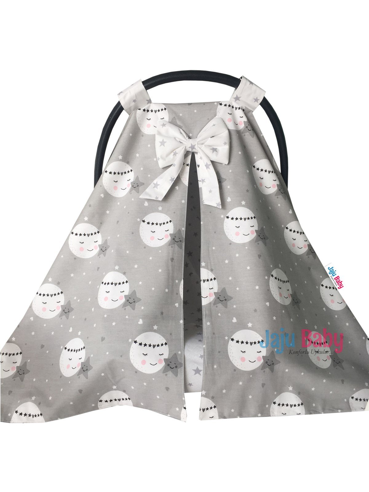 Jaju Baby Gri Gülen Ay Desenli Puset Örtüsü ve İç Çarşafı