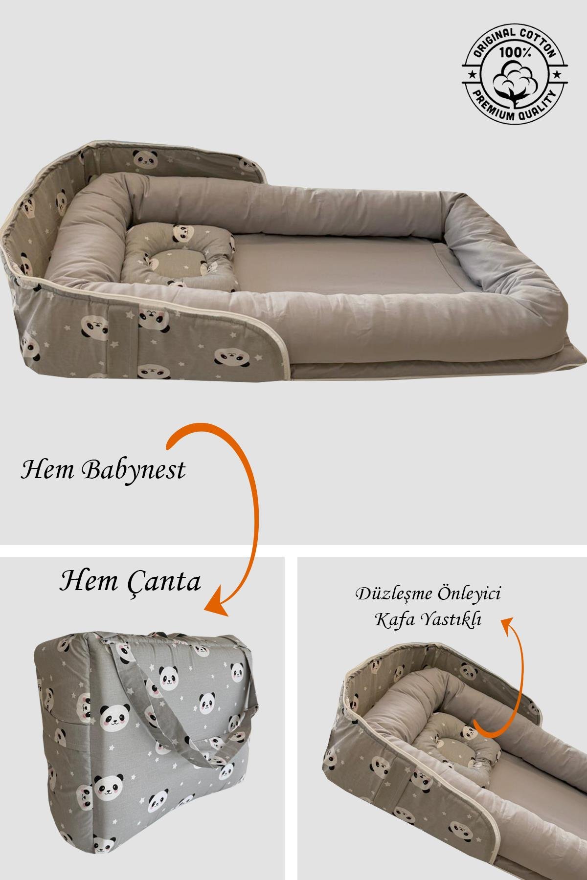 Jaju Baby Gri Panda Çantalı Babynest Bebek Çantası Taşınabilir Anne Yanı Yatağı