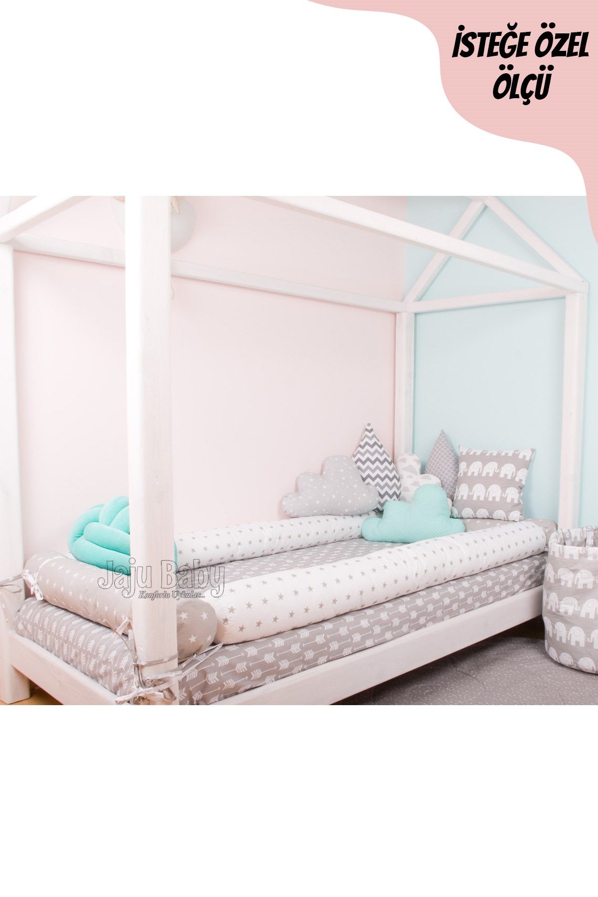 Jaju Baby Gri Ve Beyaz Yıldızlı Kombin  Montessori Yatak Bariyer Beşik Kenar Koruma Özel Ölçü