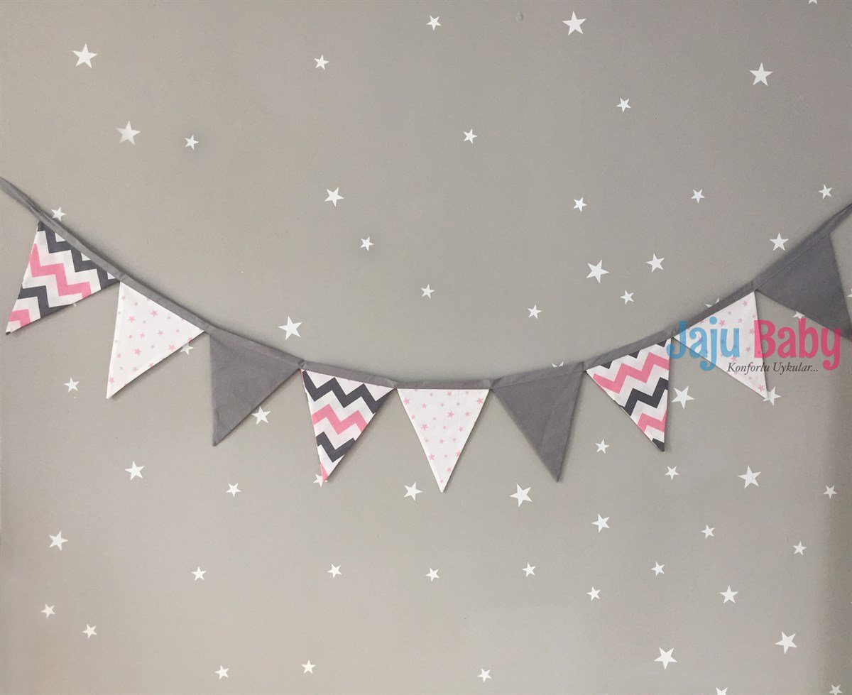 Jaju Baby Gri ve Pembe Zikzaklı Bebek/Çocuk Odası Flama