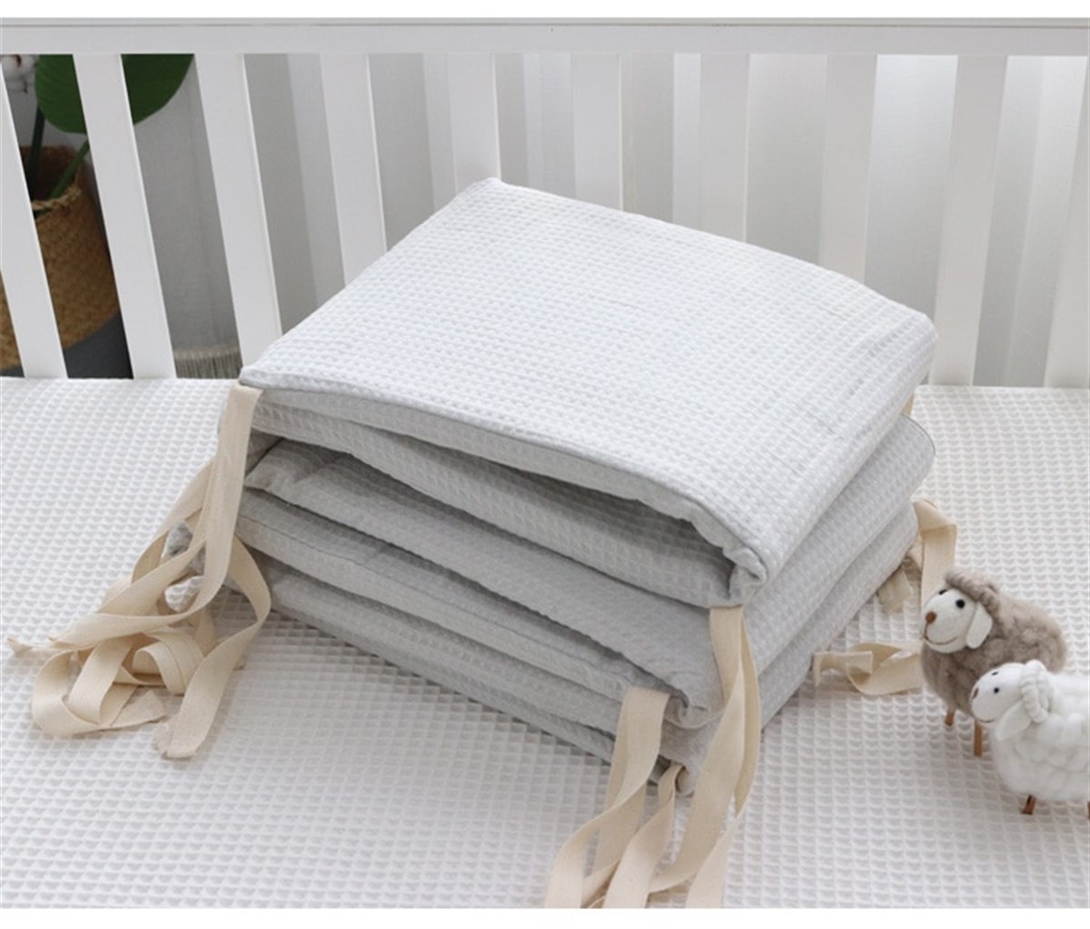 Jaju Baby Gri Waffle Pike Kumaş Beşik Kenar Koruma / Beşik Süngerli Bariyer Koruyucu