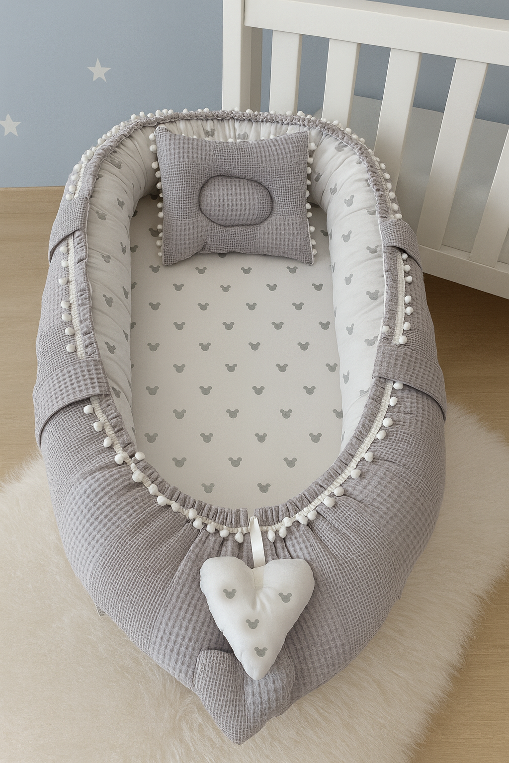 Jaju Baby Gri Waffle Pike Kumaş Micky Tasarım Ponponlu Babynest