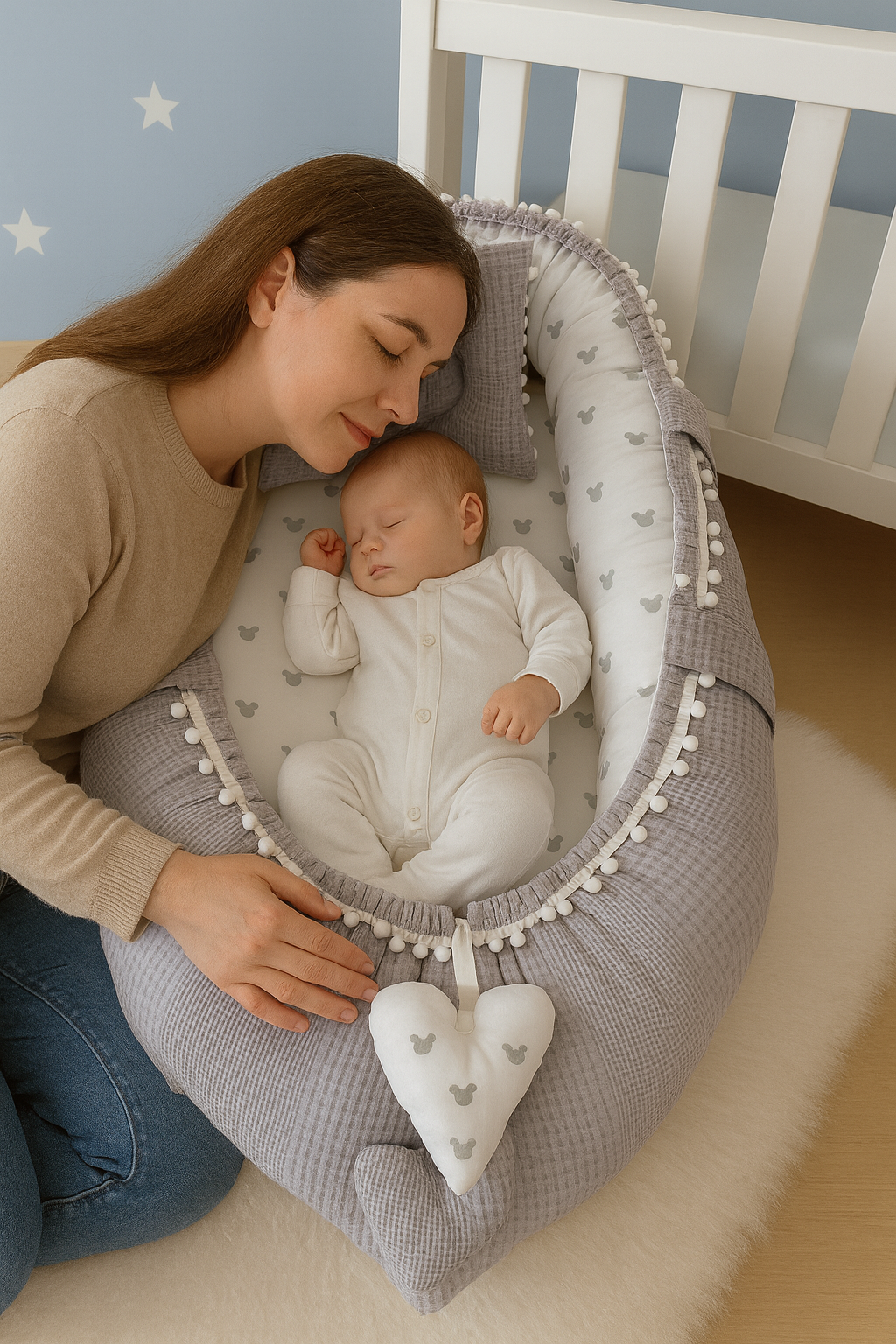 Jaju Baby Gri Waffle Pike Kumaş Micky Tasarım Ponponlu Babynest
