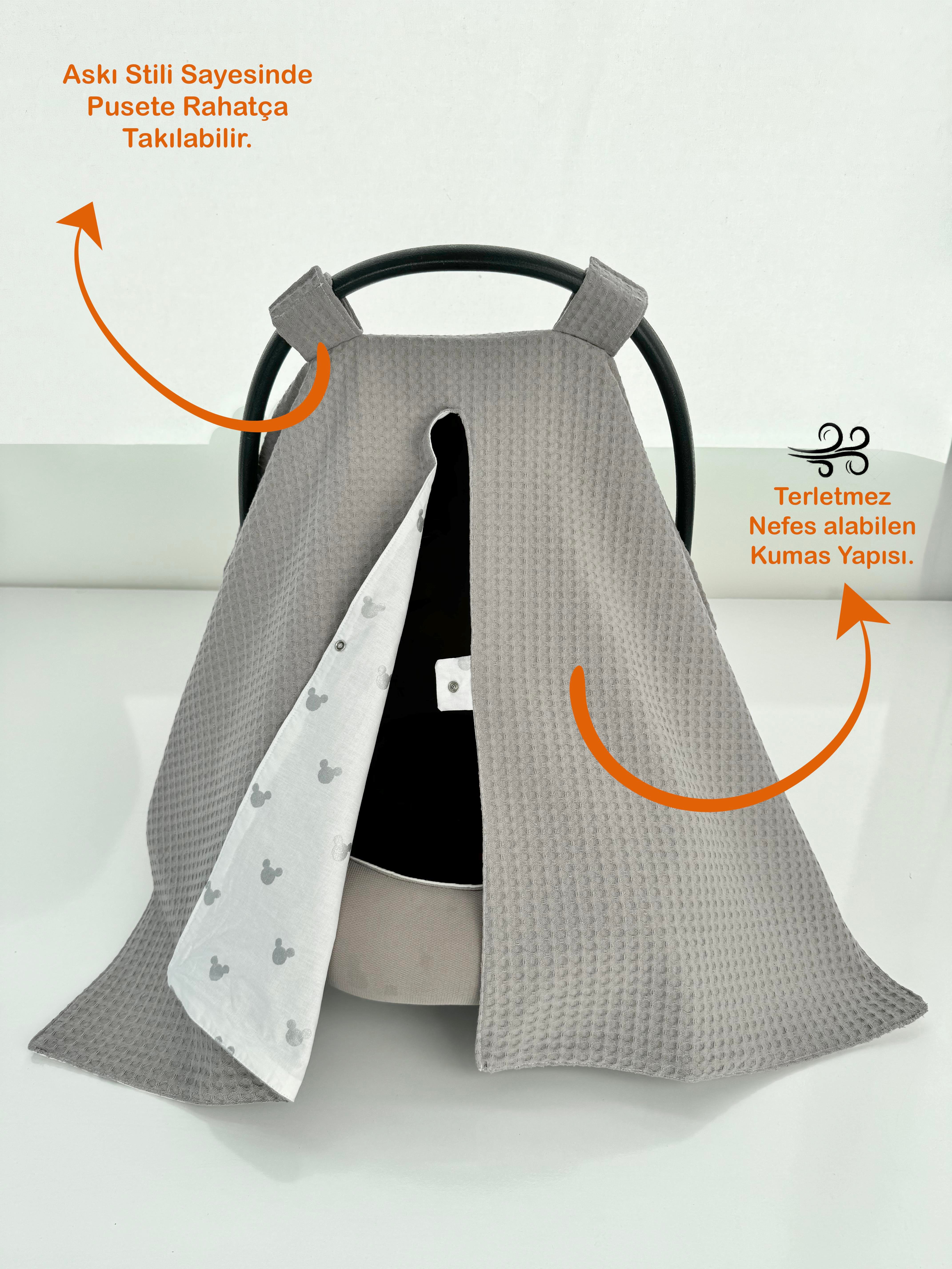 Jaju Baby Gri Waffle Pike ve Mickey Desen Tasarım Puset Örtüsü