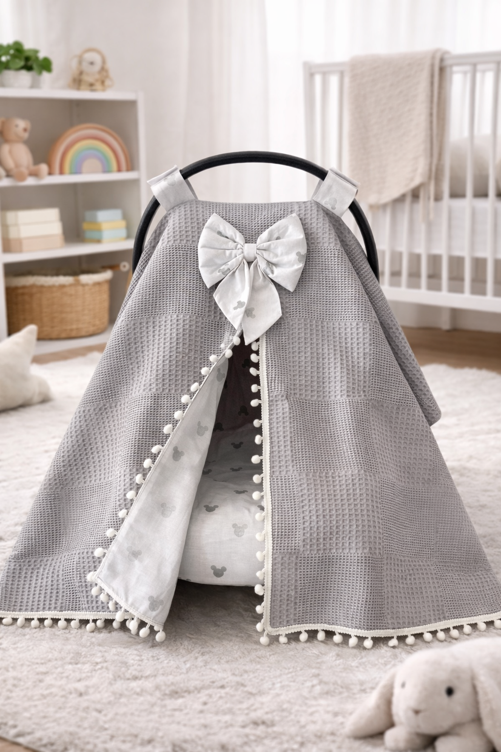 Jaju Baby Gri Wafle Pike ve Micky Kumaş Puset Örtüsü ve Çarşafı