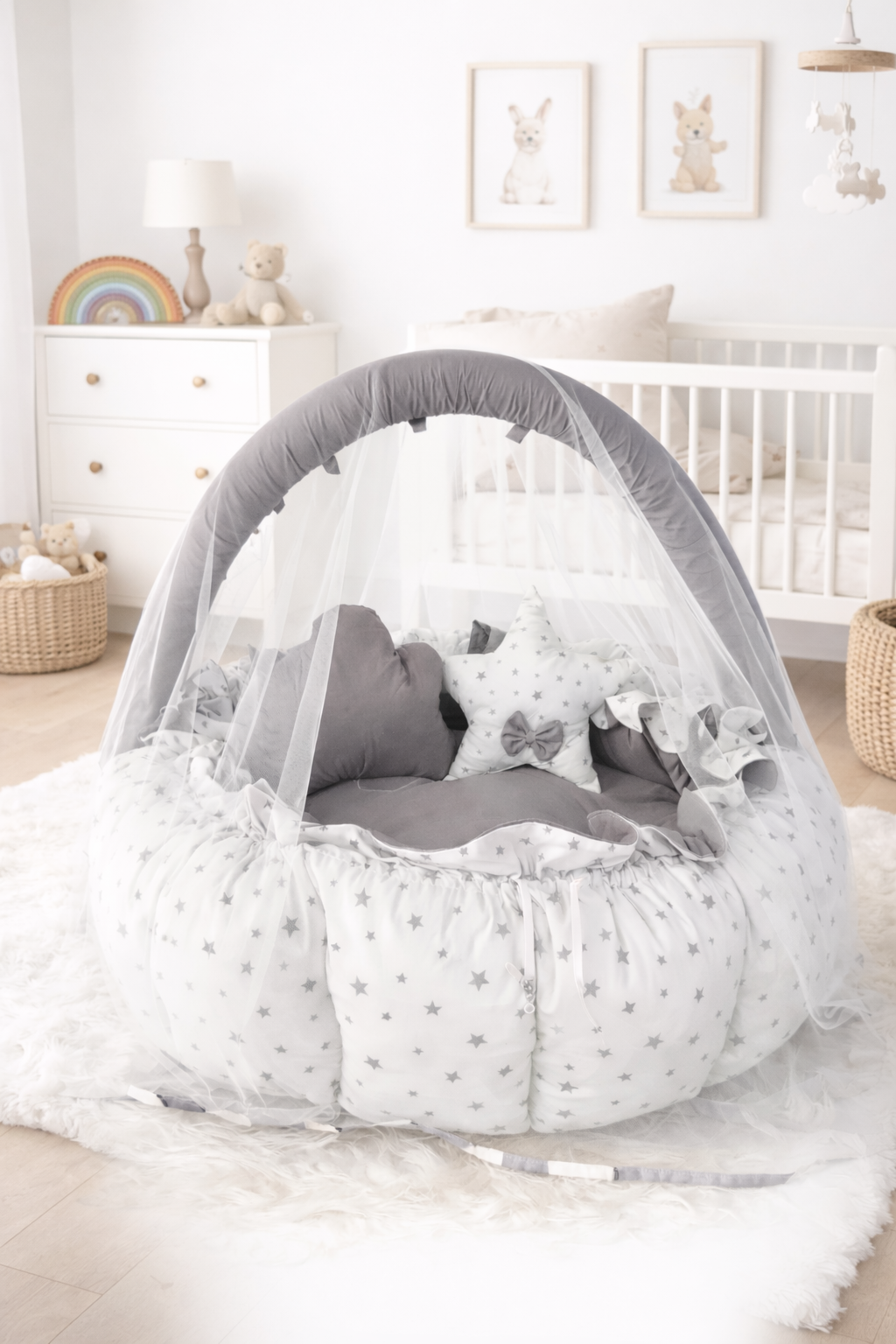 Jaju Baby Gri Yıldız Desenli Tasarım Lüx Oyun Minderi Babynest Cibinlik Tül Oyuncak Aparat Set