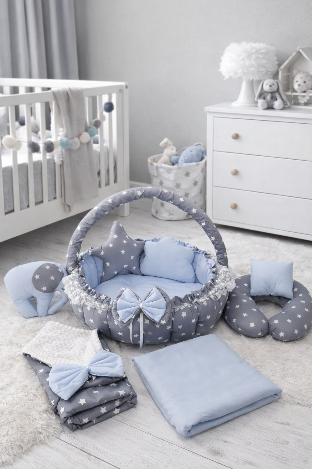 Jaju Baby Gri Yıldız Mavi Tasarım Lüx Oyun Minderi Babynest 8 Parça Set