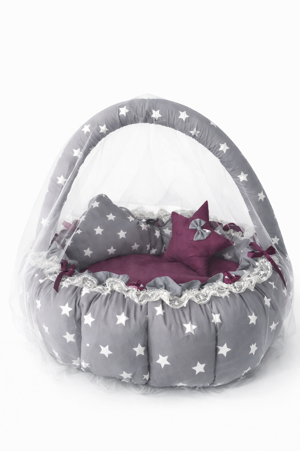 Jaju Baby Gri Yıldız Mor Desenli Tasarım Lüx Oyun Minderi Babynest Cibinlik Tül Oyuncak Aparat Set