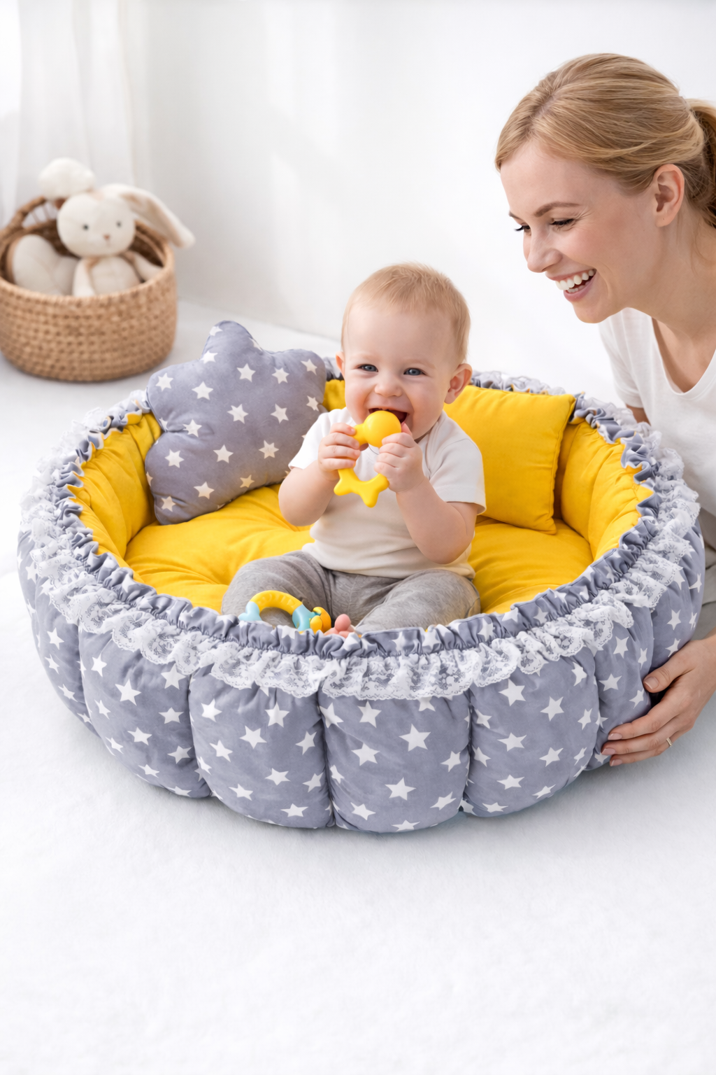 Jaju Baby Gri Yıldız Sarı Açılır Kapanır Oyun Minderi Bebek Yuvası