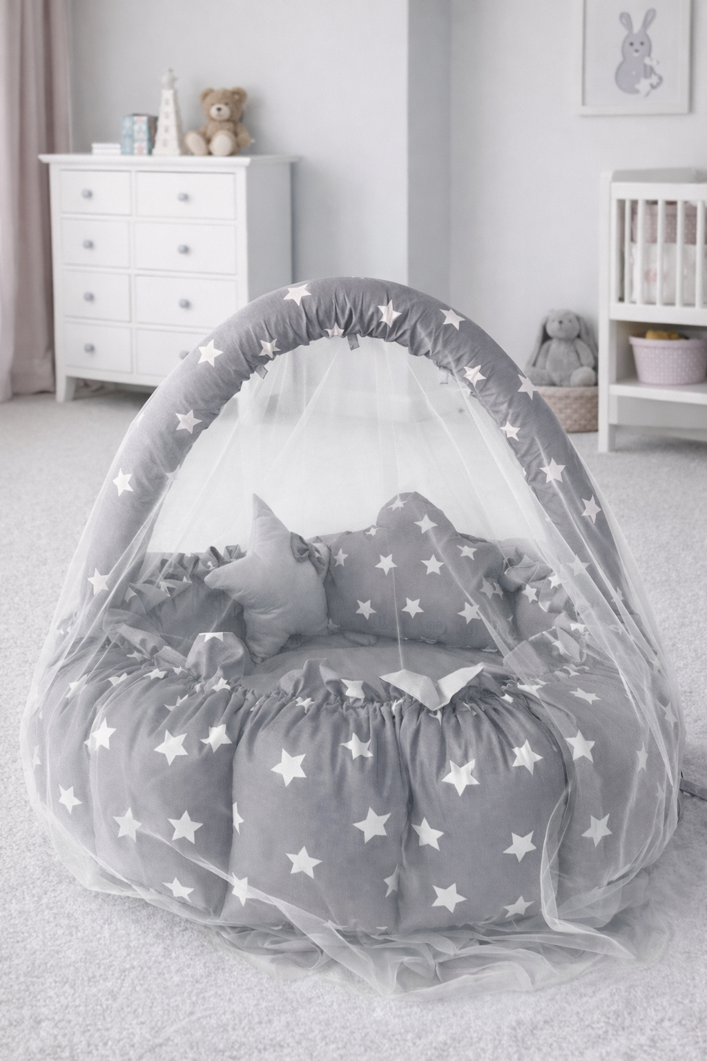 Jaju Baby Gri Yıldızlı Açılır - Kapanır Oyun Minderi Cibinlik Aparatlı Babynest