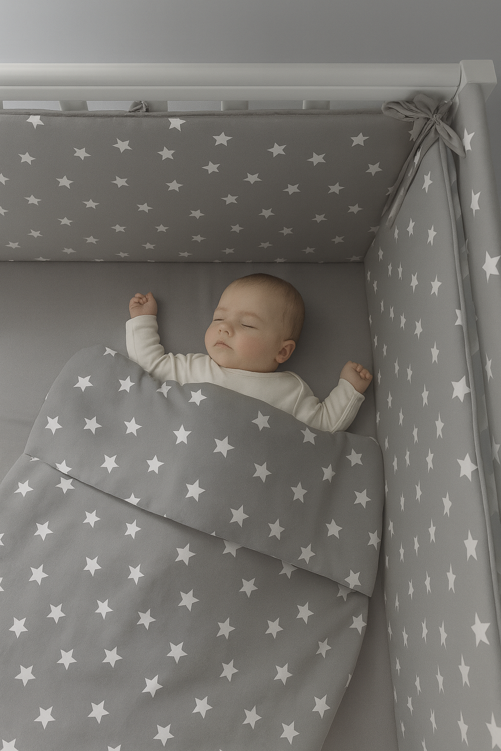 Jaju Baby Gri Zemin Beyaz Yıldız Beşik Kenar Koruma Özel Ölçü