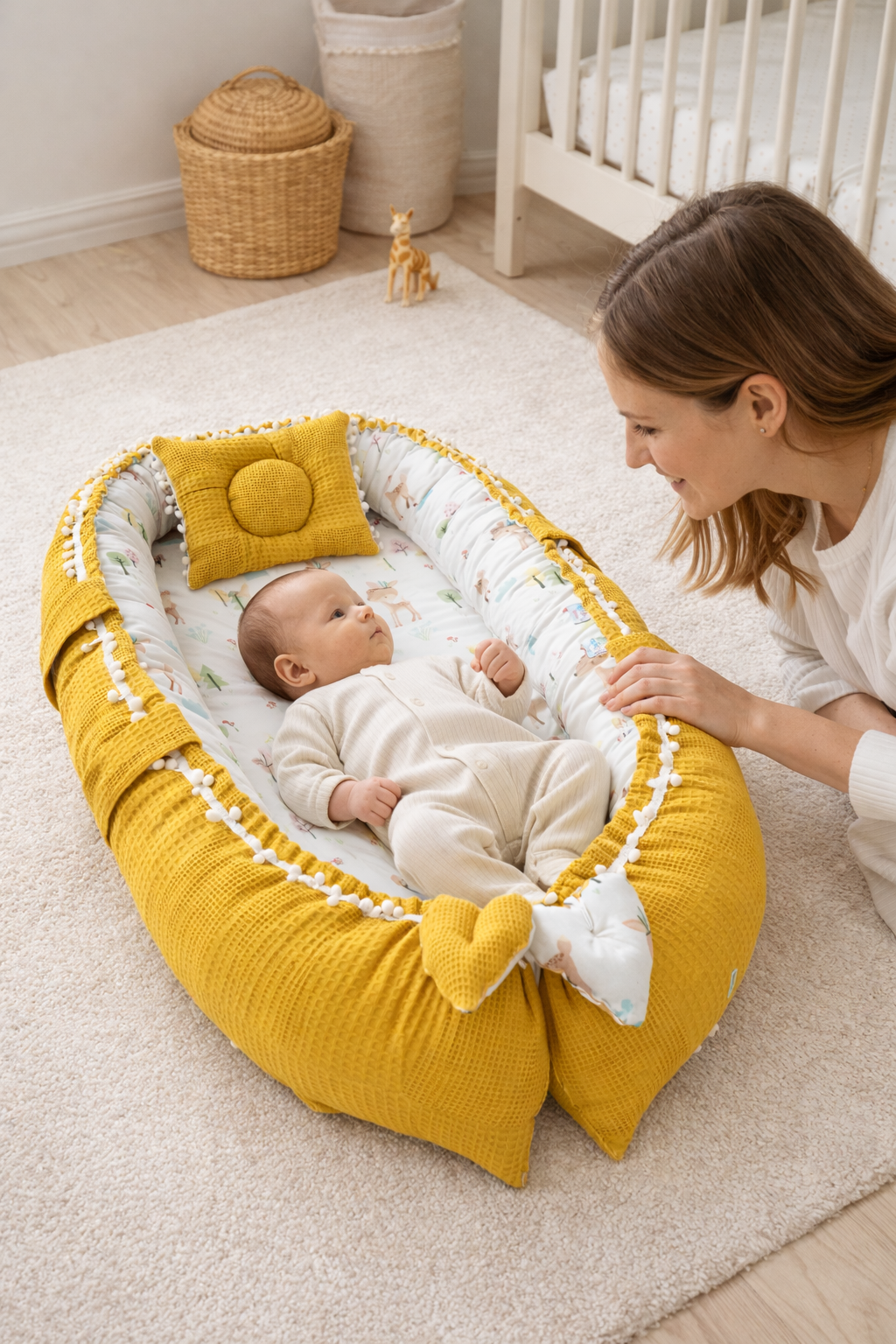 Jaju Baby Hardal Waffle Pike Kumaş Ceylan Tasarım Ponponlu Babynest
