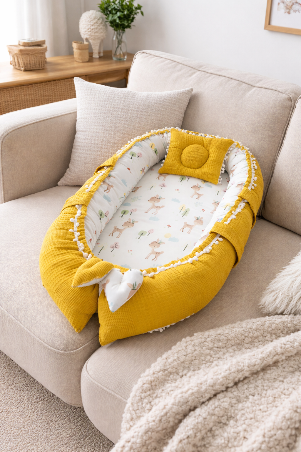 Jaju Baby Hardal Waffle Pike Kumaş Ceylan Tasarım Ponponlu Babynest