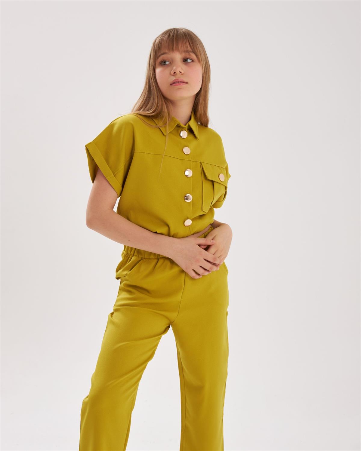 Jaju Baby Hilal Akıncı Gold Düğmeli Yarım Kol Haki Kız Çocuk Alt Üst Takım