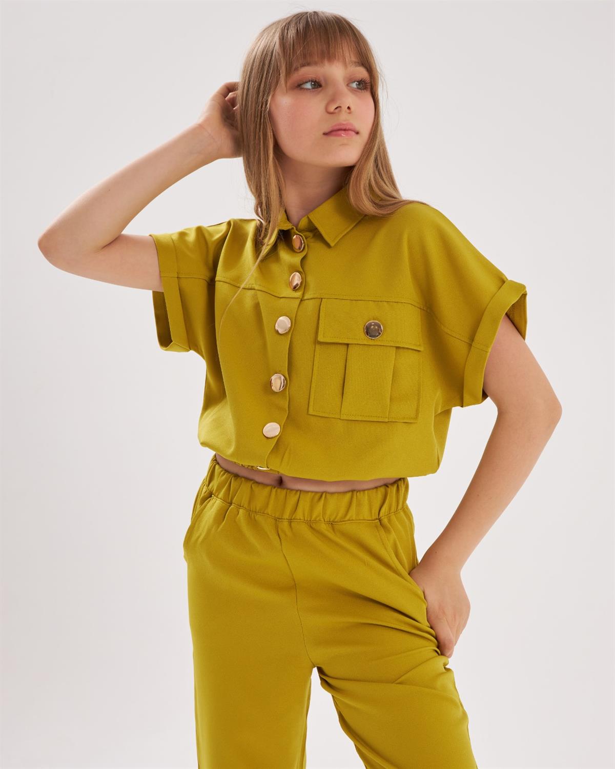 Jaju Baby Hilal Akıncı Gold Düğmeli Yarım Kol Haki Kız Çocuk Alt Üst Takım