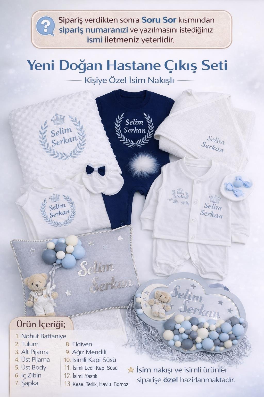 Jaju Baby İsim İşlemeli Lacivert Gri Kombineli Bebek Yeni Doğan Set 