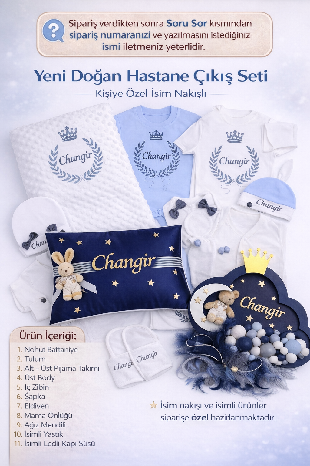 Jaju Baby İsim İşlemeli Lacivert Tavşanlı Bebek Yeni Doğan Led Işıklı Set 