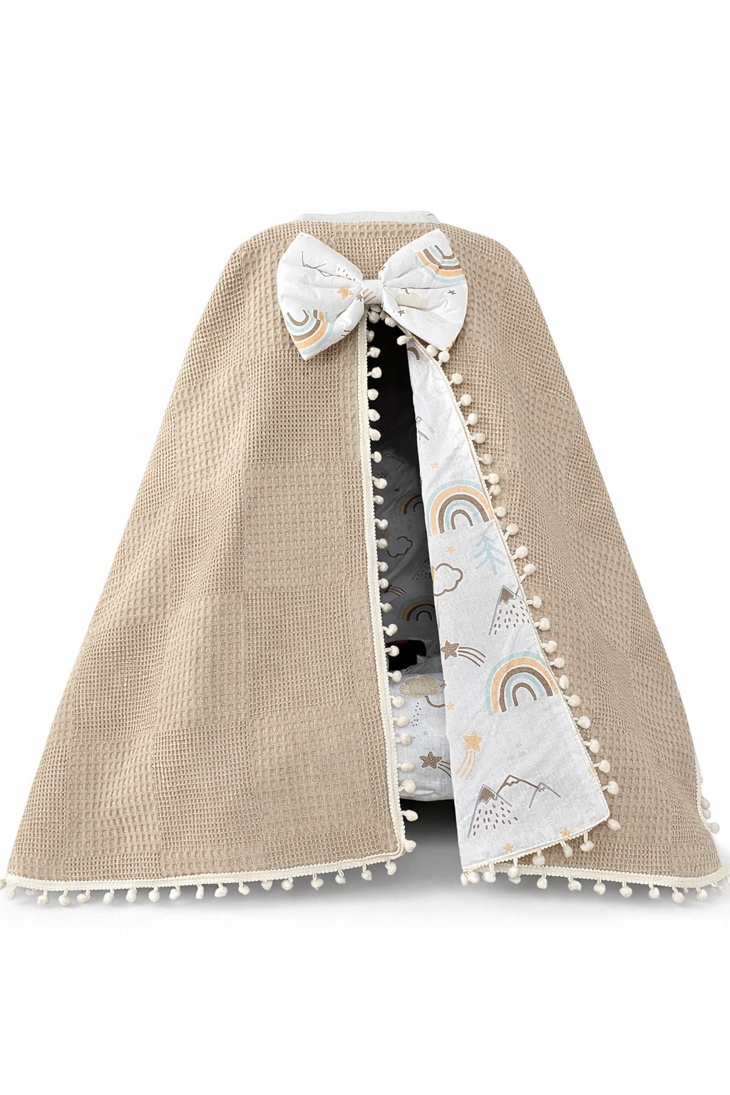 Jaju Baby Kahve Waffle Pike ve Dağ Desen Tasarım Ponponlu Panço Model Puset Örtüsü ve Çarşafı 