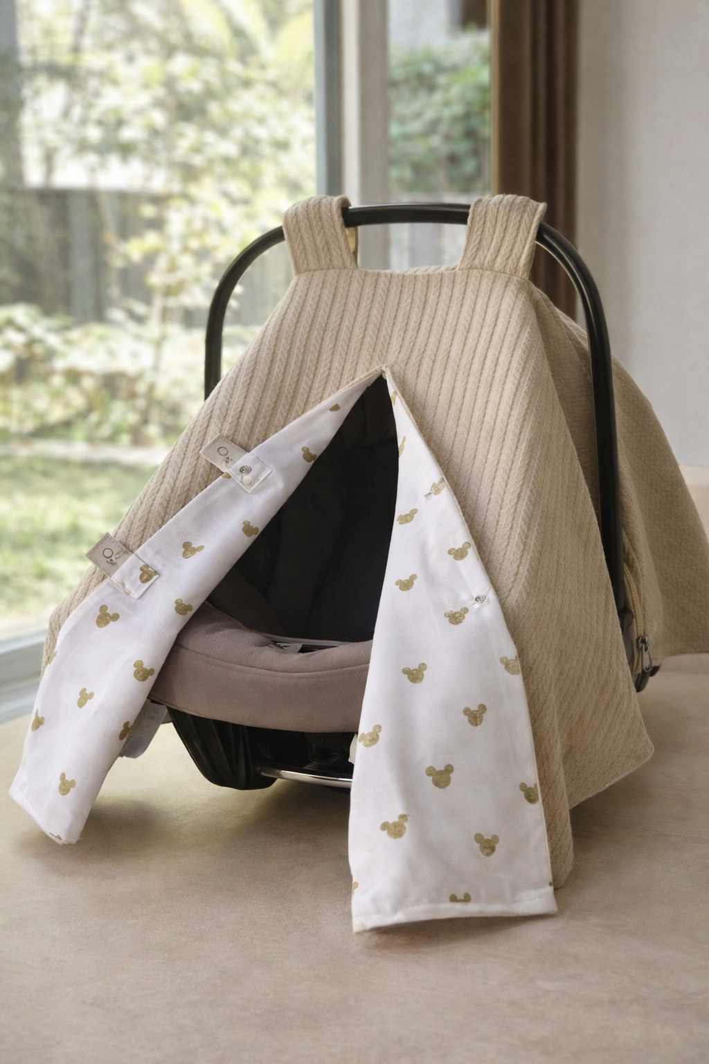 Jaju Baby Kahve Waffle Pike ve Müslin Dağ Desenli Tasarım Çift Taraflı Ponponlu Puset Örtüsü ve Puset Minderi