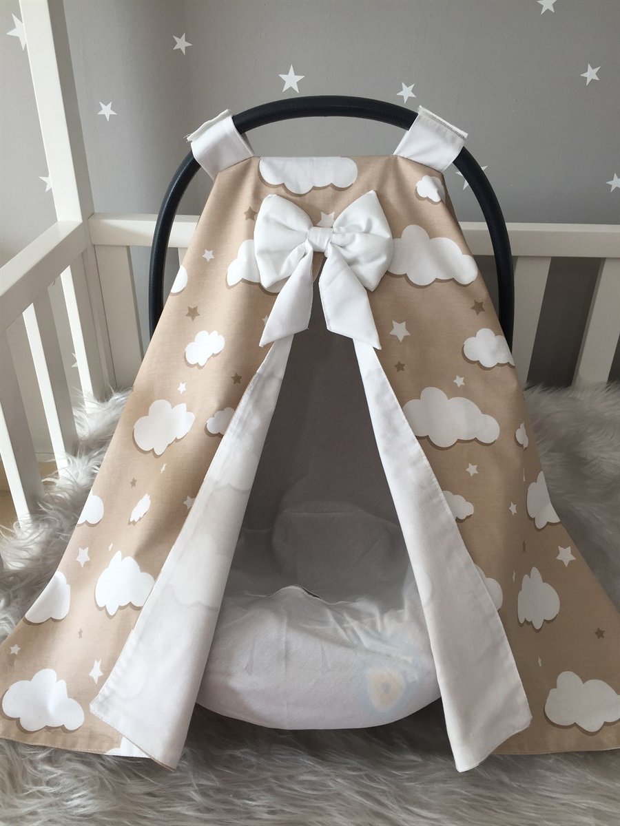 Jaju Baby Kahverengi Bulut Desenli Puset Örtüsü ve İç Çarşafı