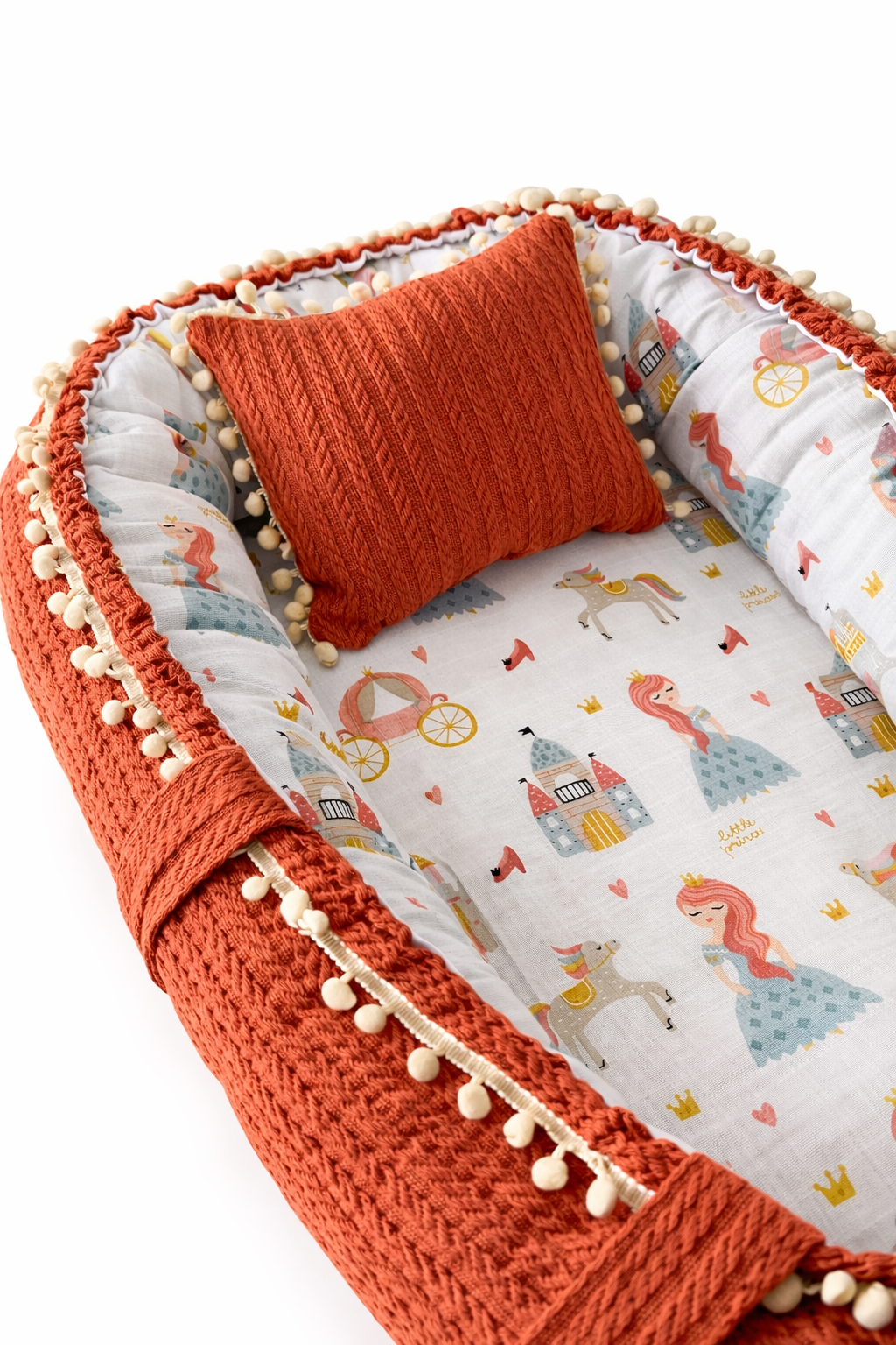 Jaju Baby Kiremit Örgü Kumaş ve Müslin Kumaş Ponponlu Babynest