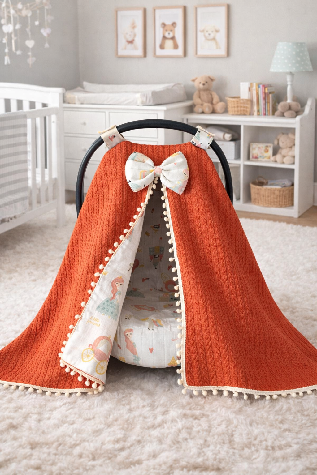 Jaju Baby Kiremit Örgü ve Müslin Kumaş Ponponlu Puset Örtüsü ve Çarşafı