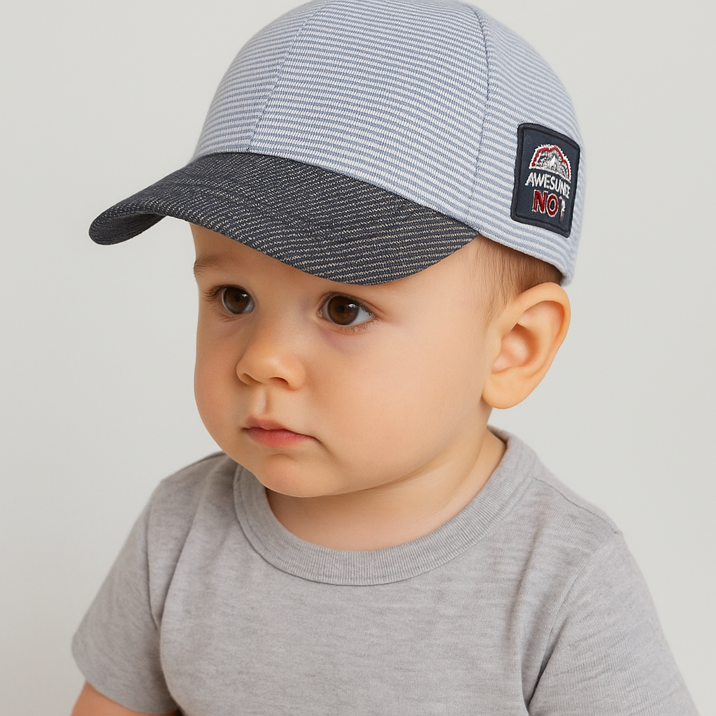 Jaju Baby Kitti 1-3 Yaş Gri Ve Mavi Çizgili Çocuk Şapka