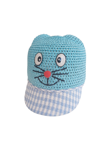 Jaju Baby Kitti 2-6 Yaş Mavi  Siyah Ekoseli Gülen Kedi Çocuk Hasır Şapka