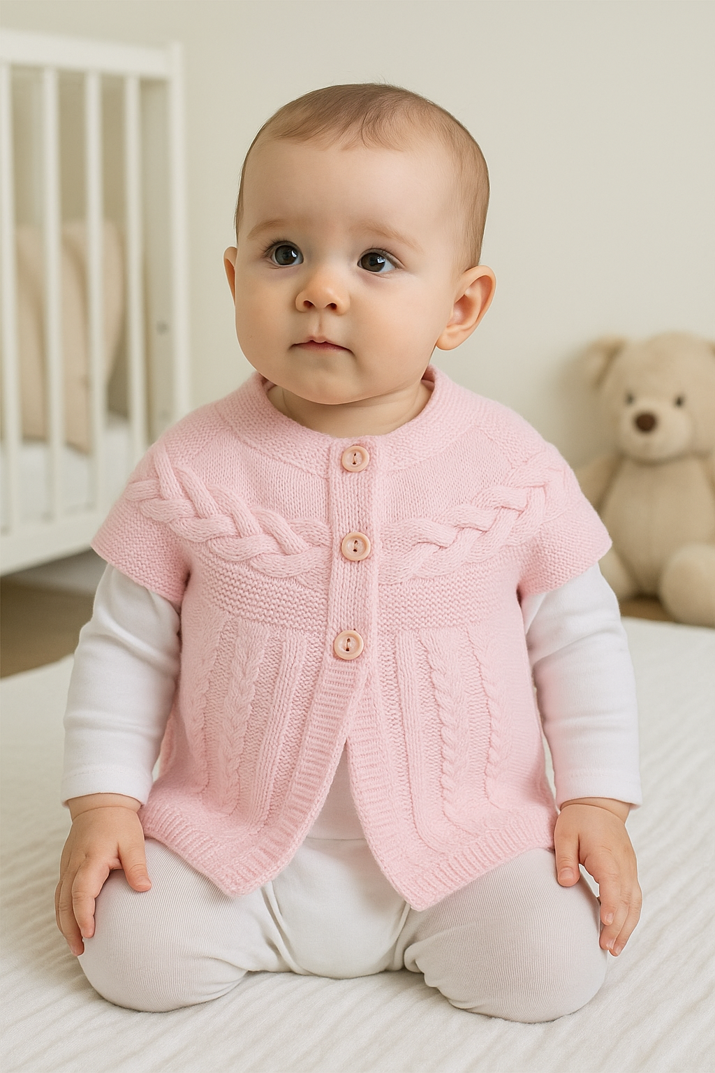 Jaju Baby Kız Bebek Pembe Renk Desenli Düğmeli Triko Örgü Yelek