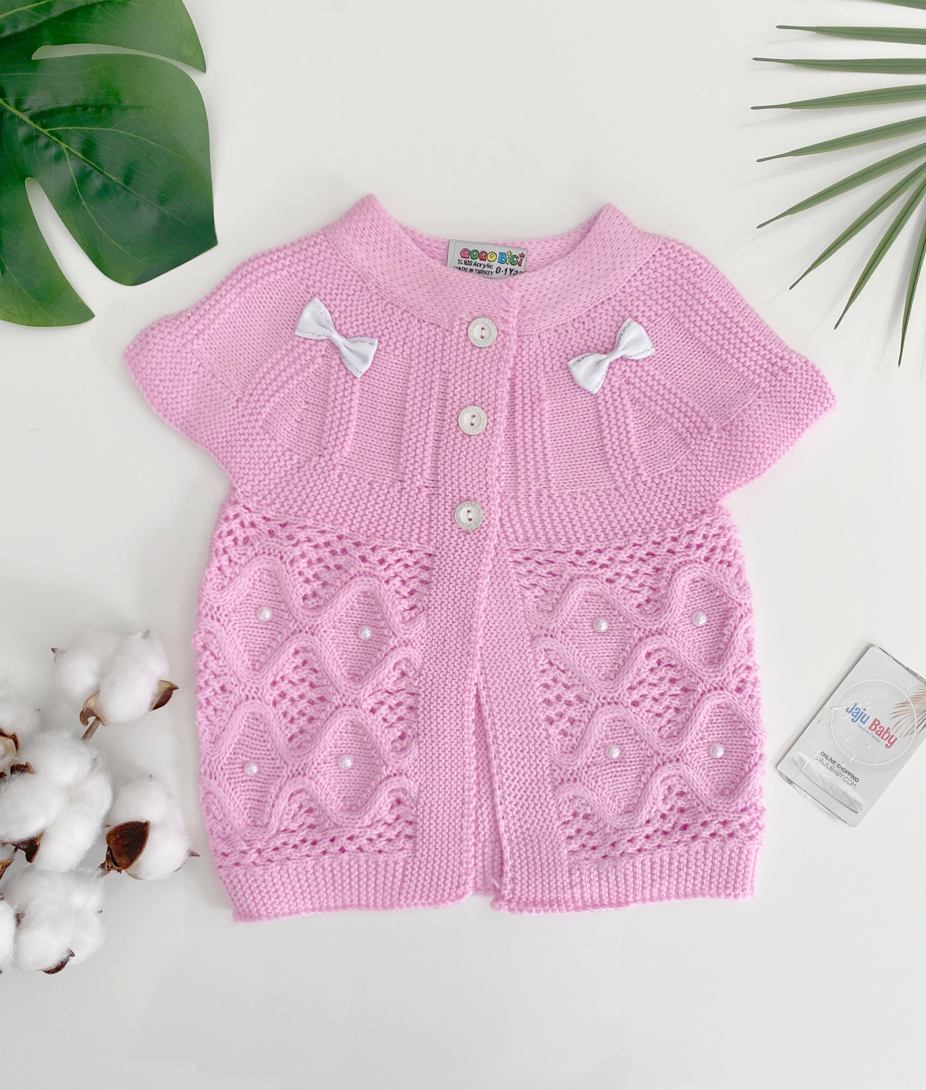 Jaju Baby Kız Bebek Pembe Renk Fiyonk Detaylı Düğmeli Triko Örgü Yelek