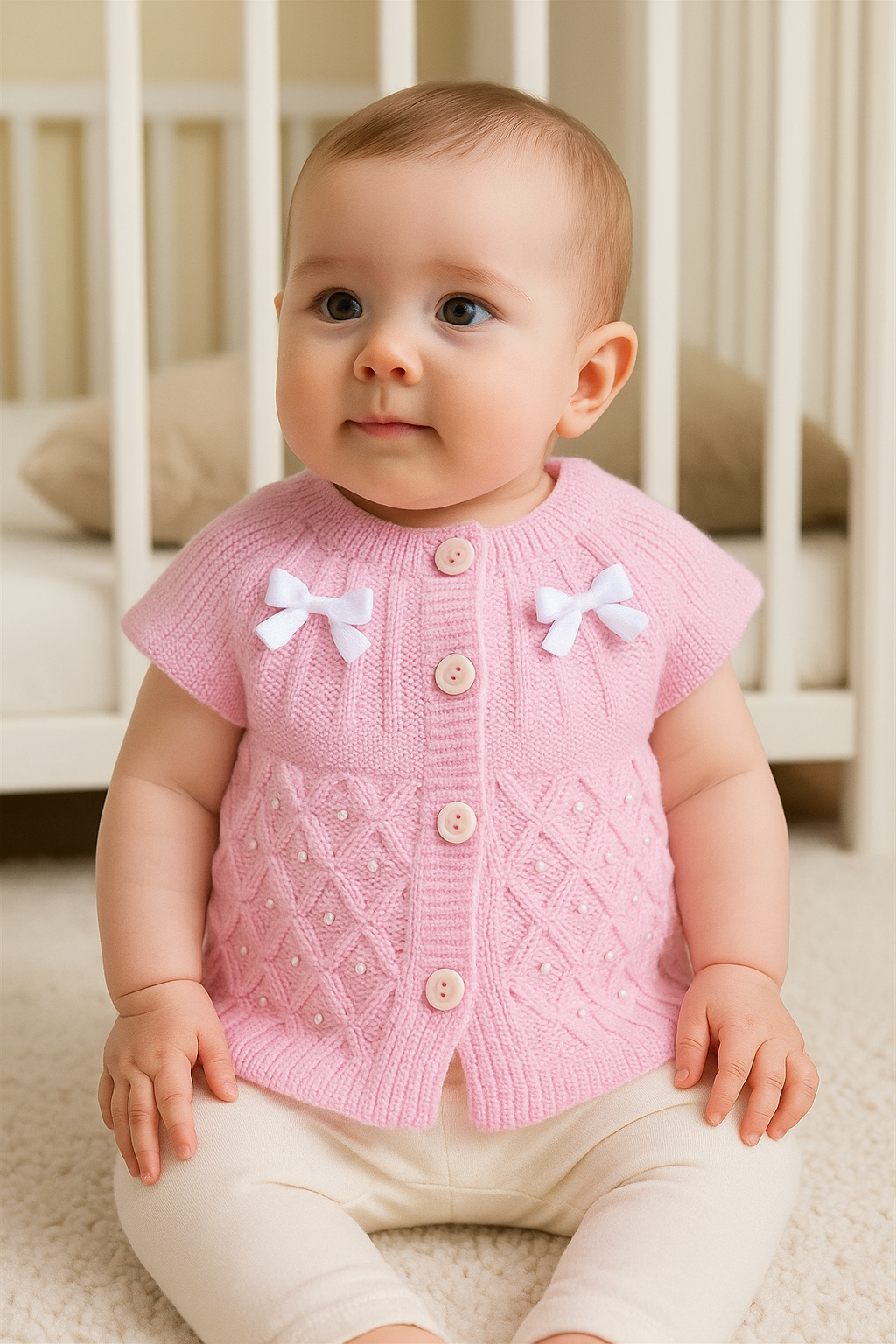 Jaju Baby Kız Bebek Pembe Renk Fiyonk Detaylı Düğmeli Triko Örgü Yelek