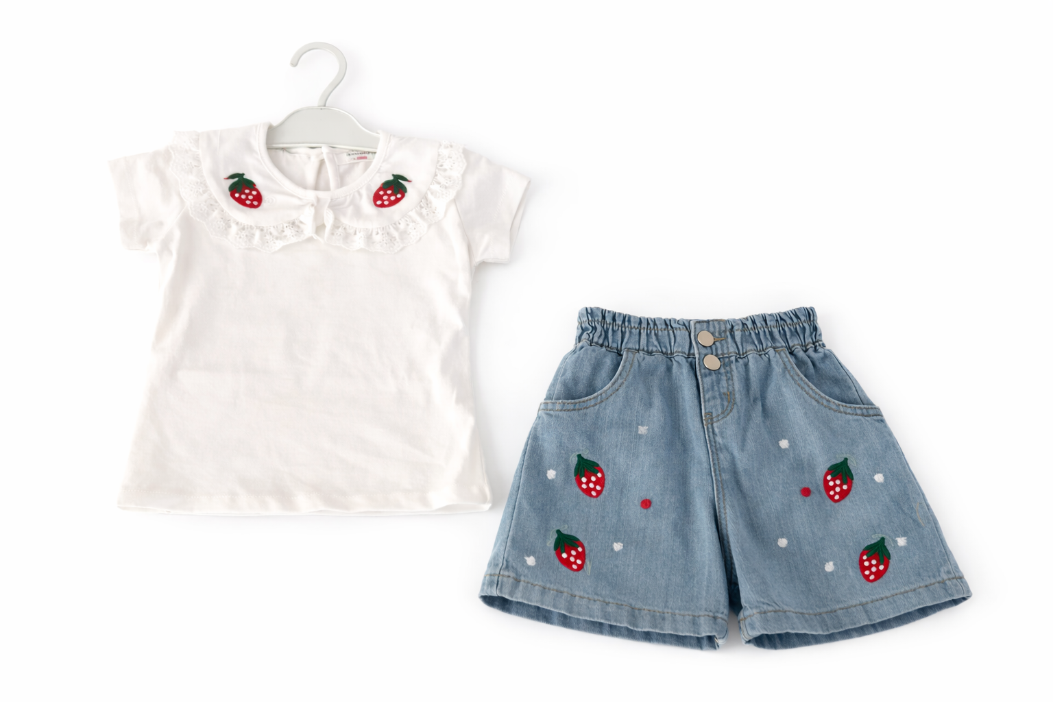 Jaju Baby Kız Çocuk Çilek İşlemeli T-shirt&Kot Şort Takım