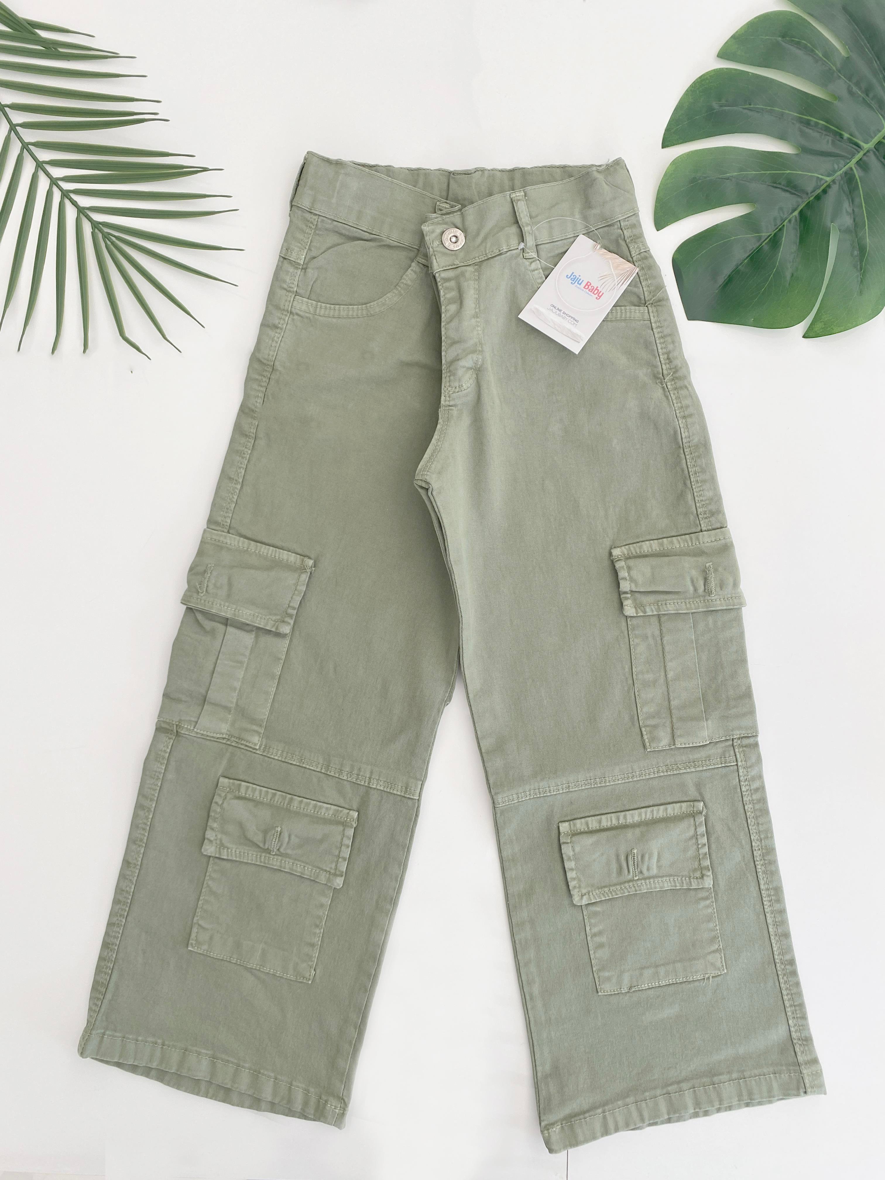 Jaju Baby Kız Çocuk Haki Renk Kargo Cepli Geniş Paça Pantolon